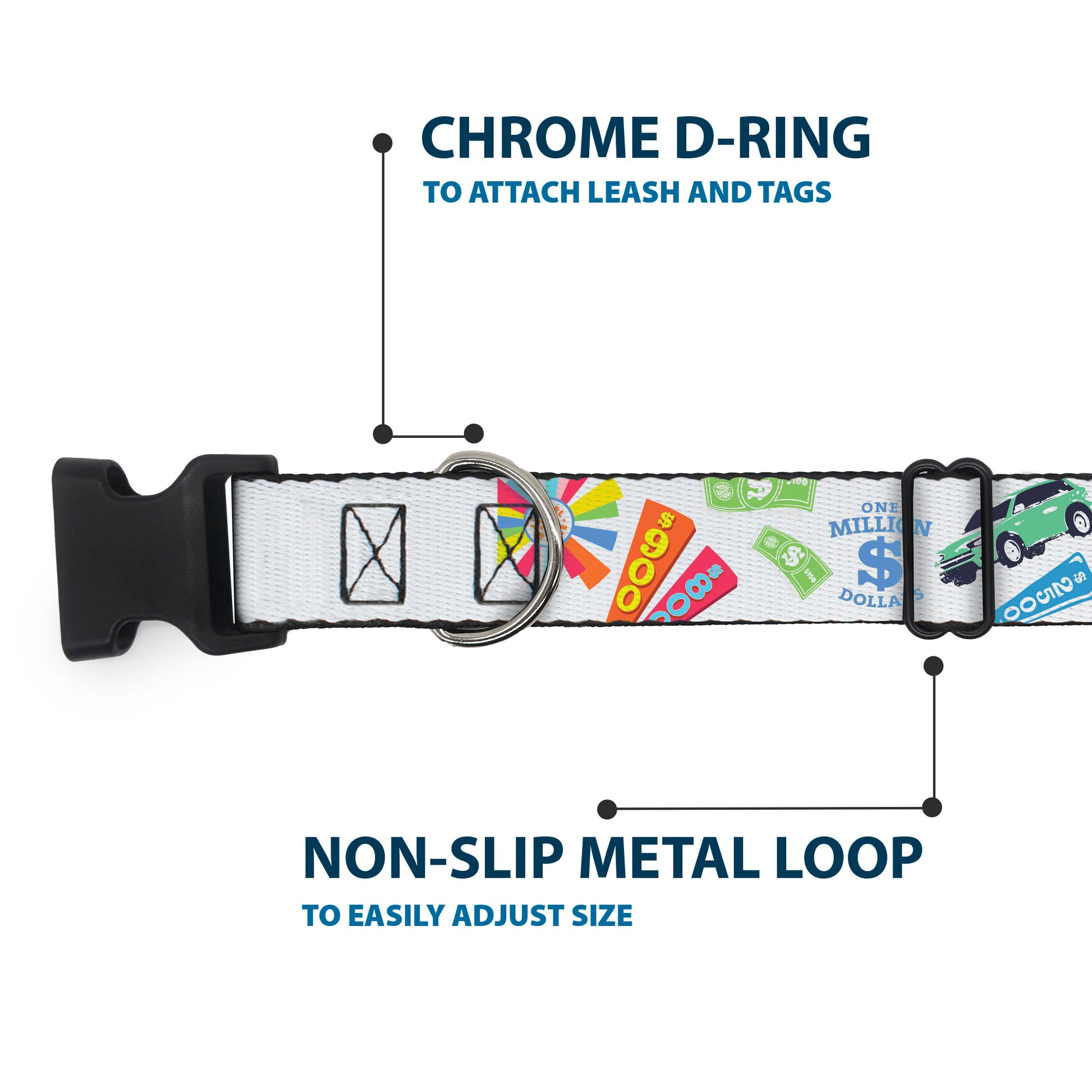 Plastic Clip Collar - Wheel of Fortune GO FOR A SPIN Prize Collage White/Multi Color Plastic Clip Collars Wheel of Fortune