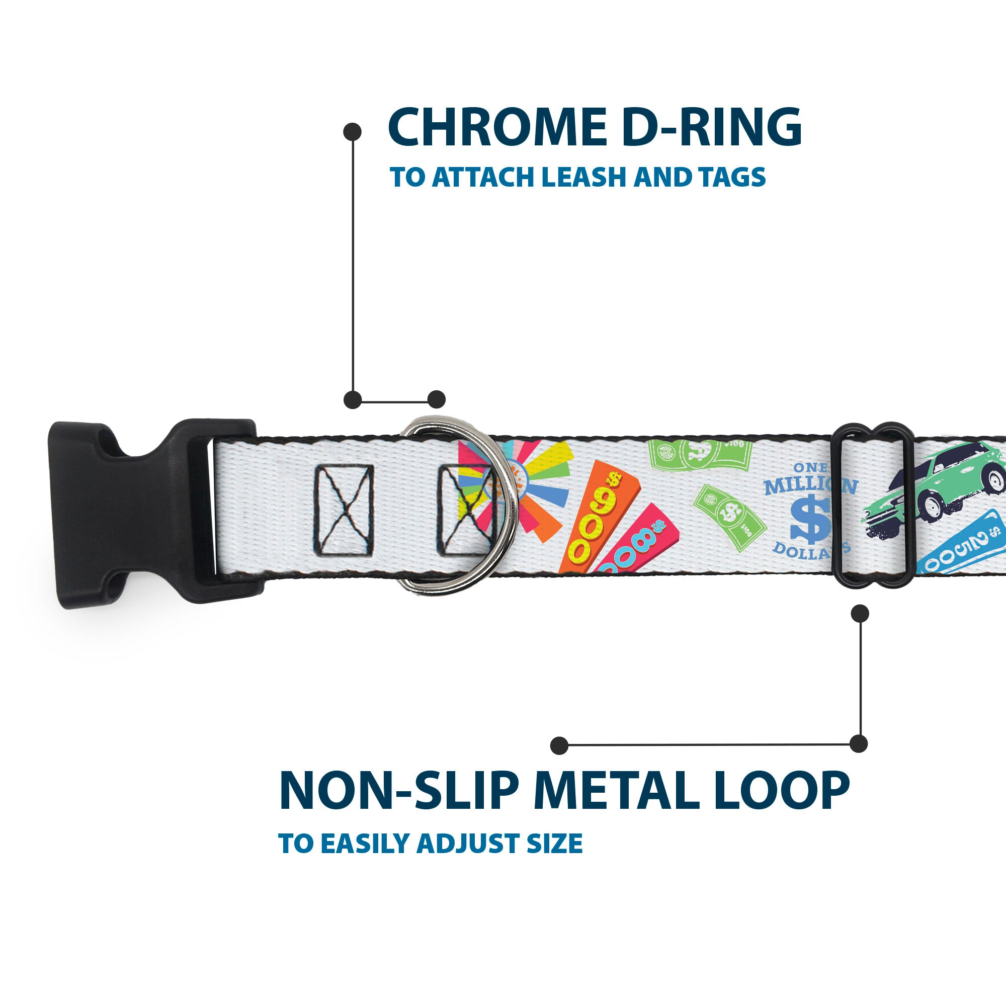Plastic Clip Collar - Wheel of Fortune GO FOR A SPIN Prize Collage White/Multi Color Plastic Clip Collars Wheel of Fortune