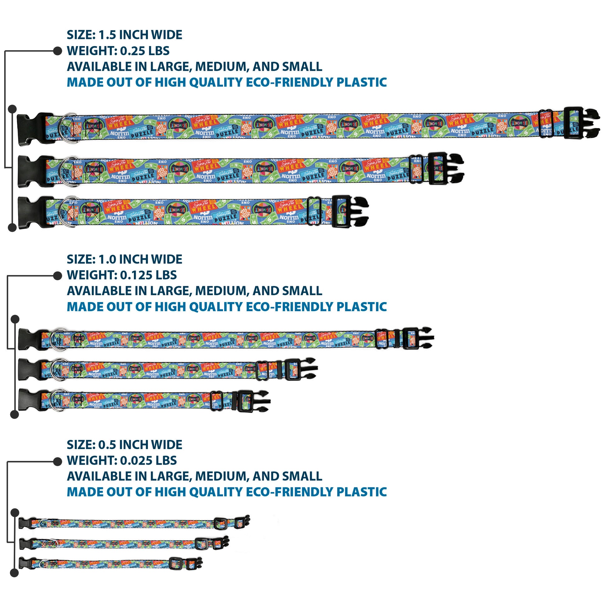 Plastic Clip Collar - Wheel of Fortune Quotes and Prizes Collage Blue/Multi Color Plastic Clip Collars Wheel of Fortune
