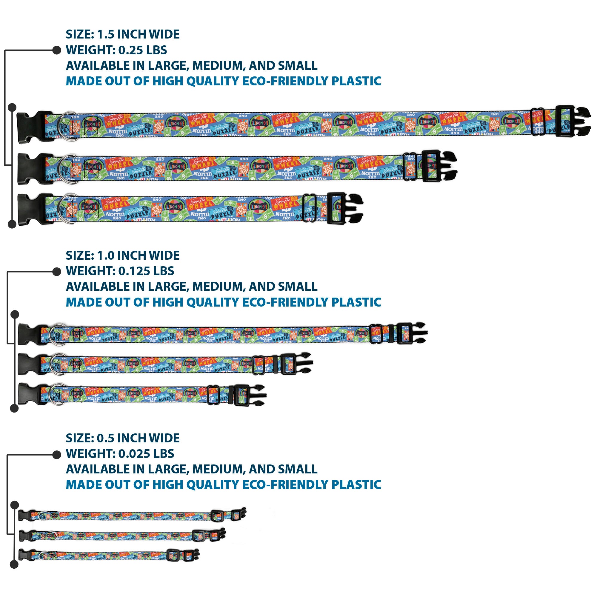 Plastic Clip Collar - Wheel of Fortune Quotes and Prizes Collage Blue/Multi Color Plastic Clip Collars Wheel of Fortune