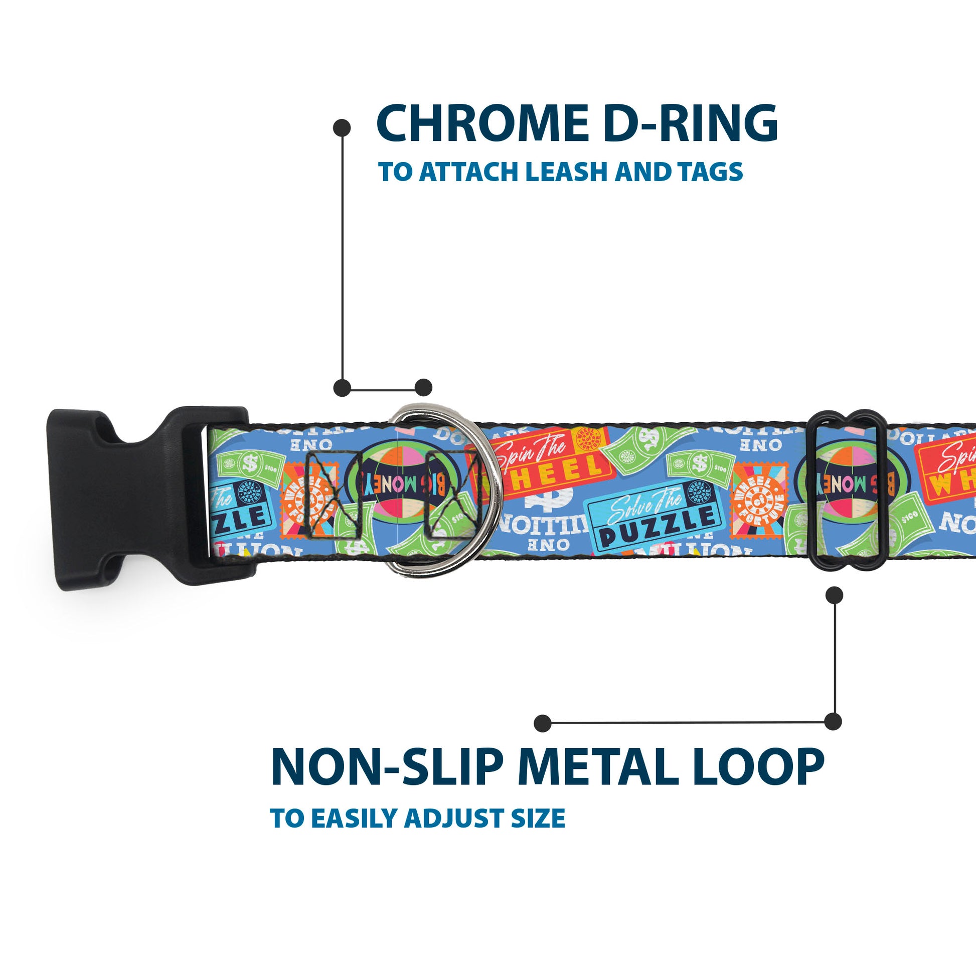 Plastic Clip Collar - Wheel of Fortune Quotes and Prizes Collage Blue/Multi Color Plastic Clip Collars Wheel of Fortune