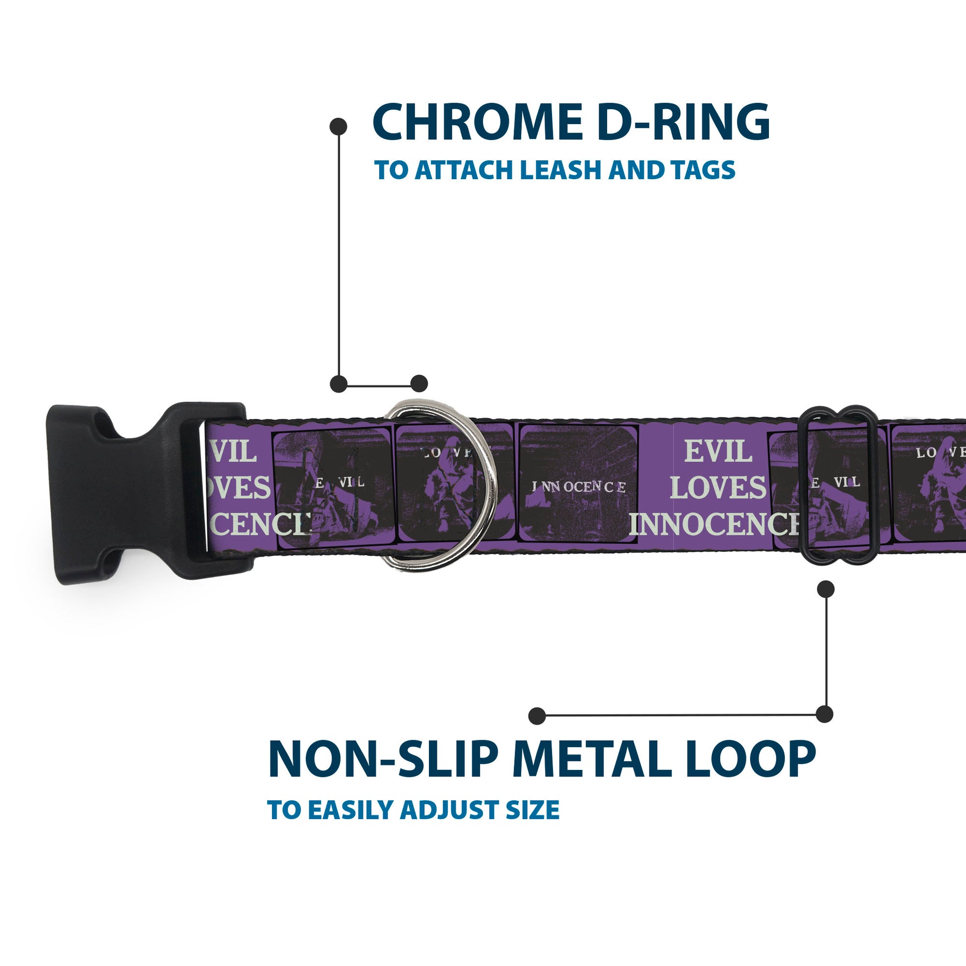 Plastic Clip Collar - The Conjuring EVIL LOVES INNOCENCE Pose Blocks Purple/Black Plastic Clip Collars The Conjuring