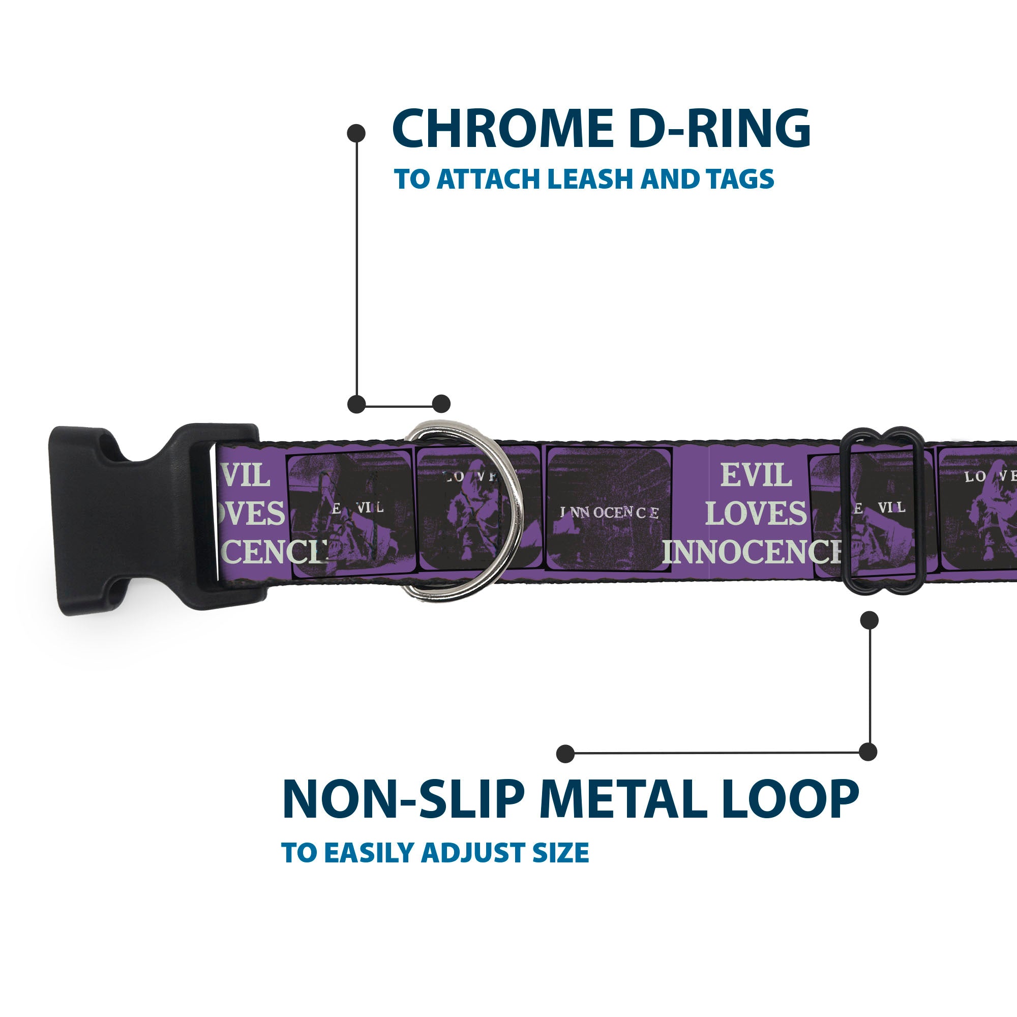 Plastic Clip Collar - The Conjuring EVIL LOVES INNOCENCE Pose Blocks Purple/Black Plastic Clip Collars The Conjuring