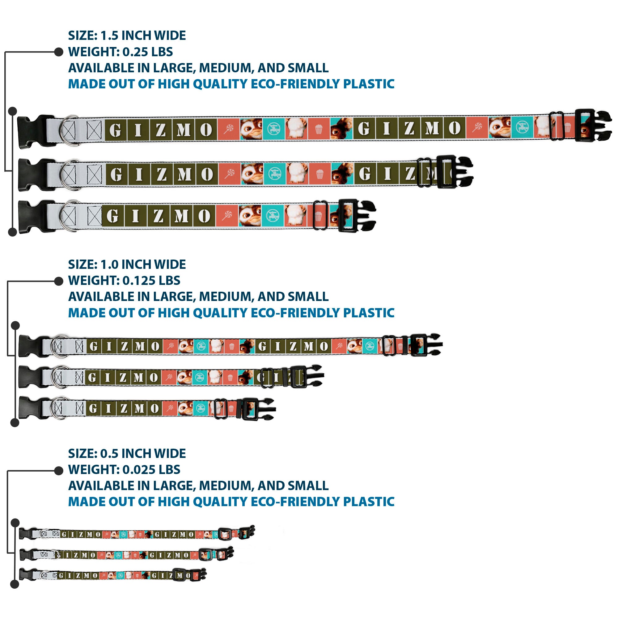 Plastic Clip Collar - Gremlins GIZMO Text and Pose Blocks White/Multi Color Plastic Clip Collars Gremlins