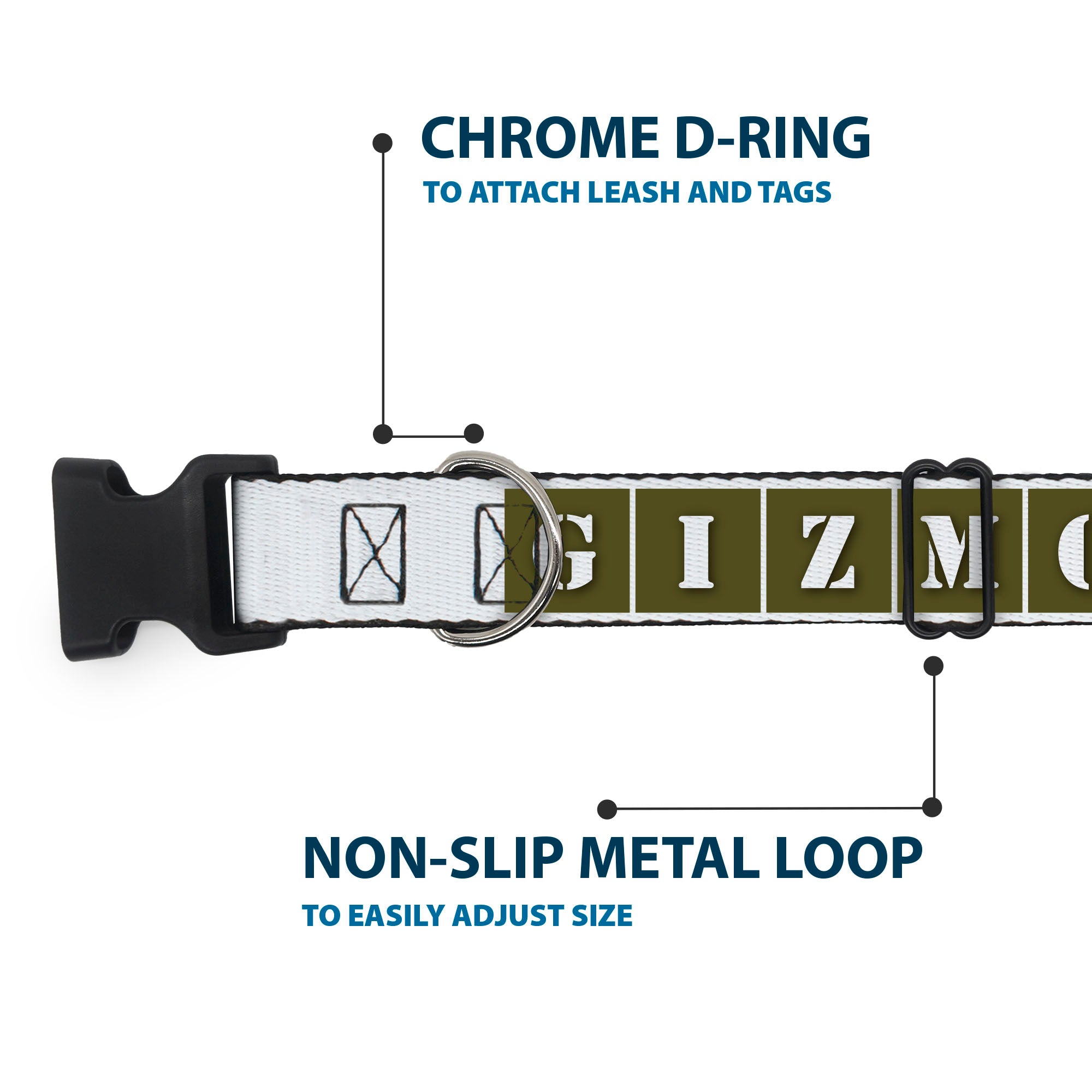 Plastic Clip Collar - Gremlins GIZMO Text and Pose Blocks White/Multi Color Plastic Clip Collars Gremlins