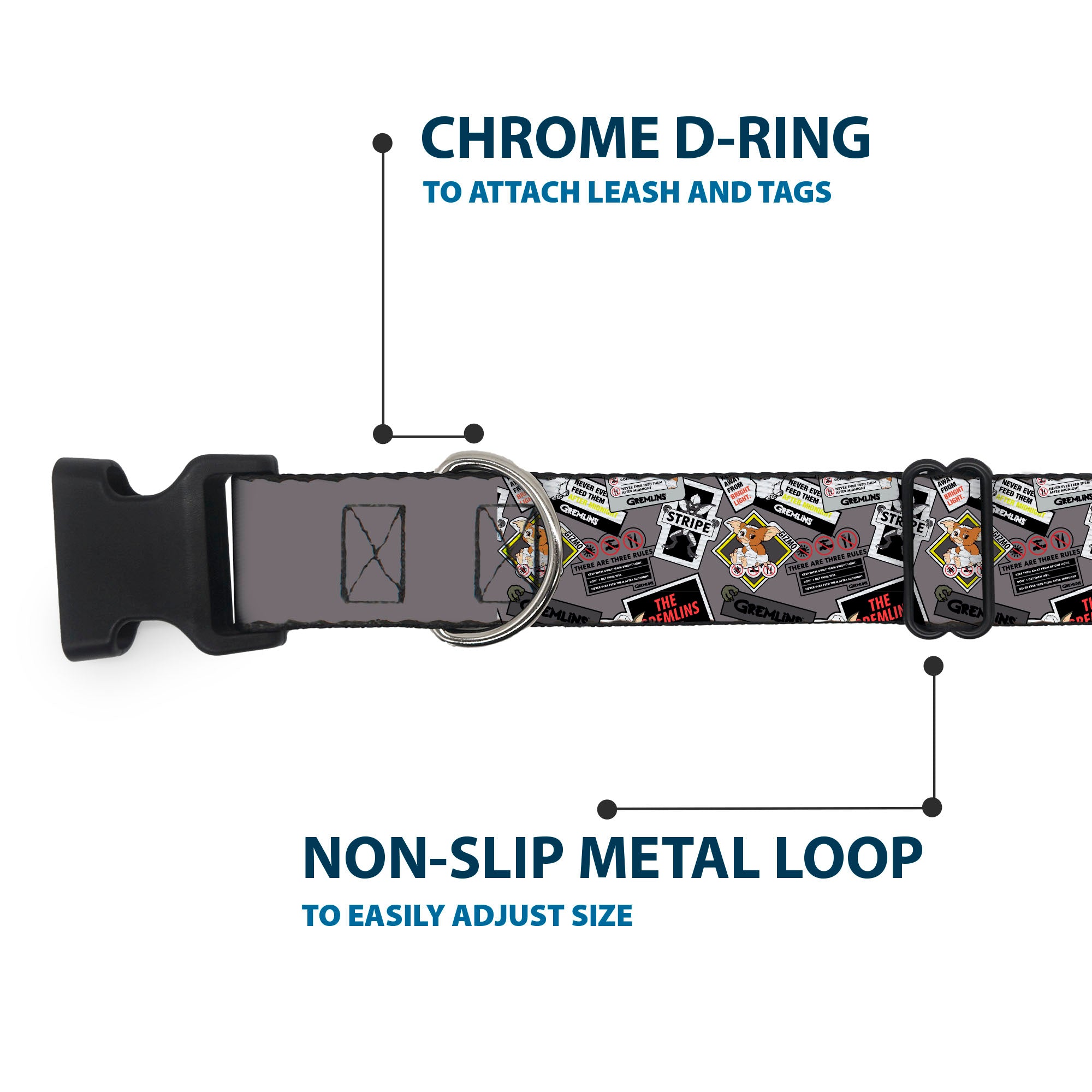 Plastic Clip Collar - Gremlins Gizmo Pose and Rules Collage Gray Plastic Clip Collars Gremlins