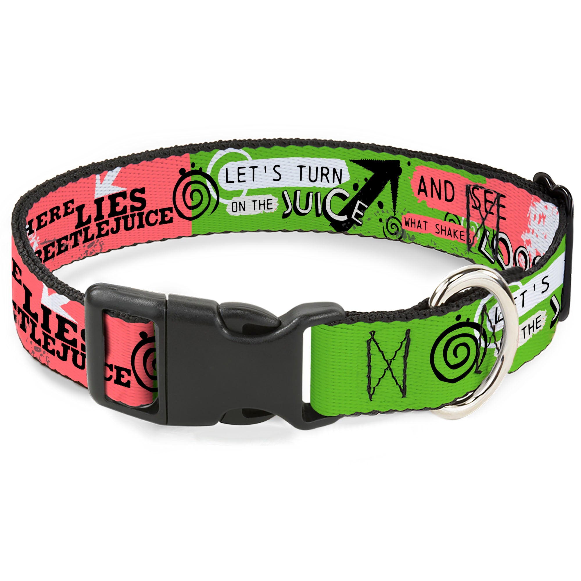 Plastic Clip Collar - BEETLEJUICE Face and Quotes Collage Pink/Green/Black