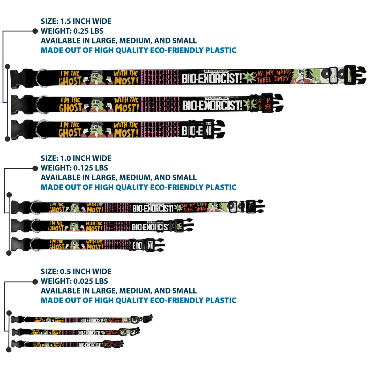 Plastic Clip Collar - BEETLEJUICE Cartoon Quotes and Scene Black/Multi Color Dog Collars Plastic Clip Side Release Beetlejuice