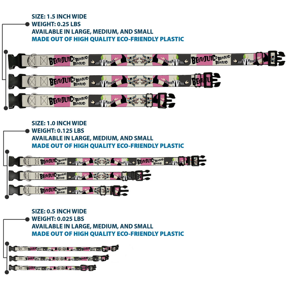 Plastic Clip Collar - BEETLEJUICE Pose and Sandworm Stripe White/Pink/Gray Dog Collars Plastic Clip Side Release Beetlejuice