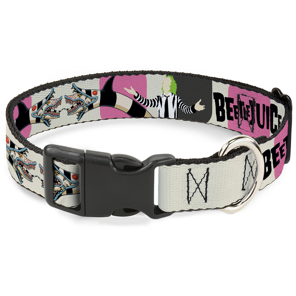 Plastic Clip Collar - BEETLEJUICE Pose and Sandworm Stripe White/Pink/Gray Dog Collars Plastic Clip Side Release Beetlejuice