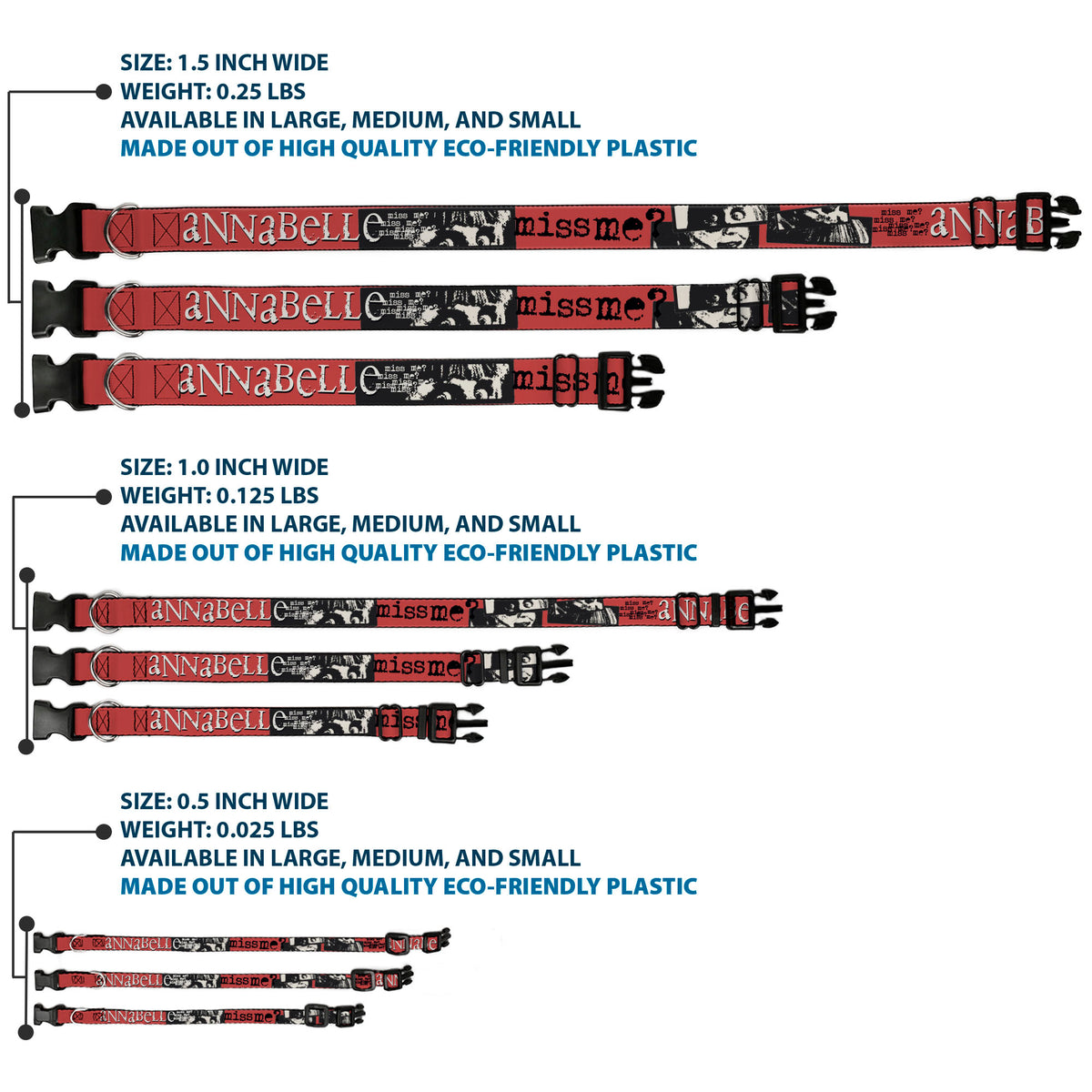Plastic Clip Collar - ANNABELLE MISS ME Eyes and Text Red/Black/White Dog Collars Plastic Clip Side Release Annabelle