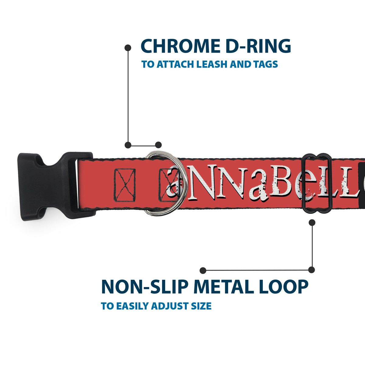 Plastic Clip Collar - ANNABELLE MISS ME Eyes and Text Red/Black/White Dog Collars Plastic Clip Side Release Annabelle