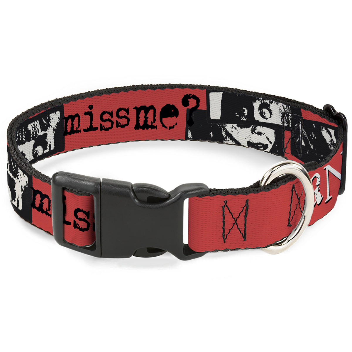 Plastic Clip Collar - ANNABELLE MISS ME Eyes and Text Red/Black/White Dog Collars Plastic Clip Side Release Annabelle