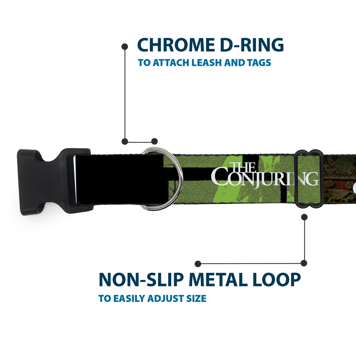 Plastic Clip Collar - THE CONJURING Annabelle Pose and Blocks Black/Greens/Red