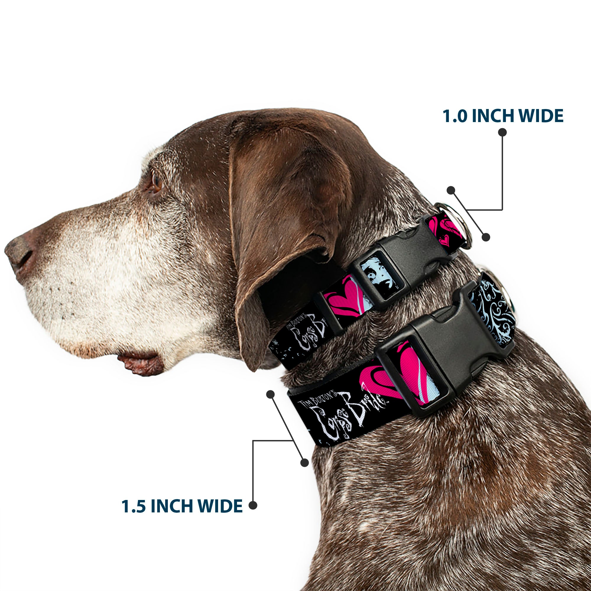 Plastic Clip Collar - CORPSE BRIDE Emily Hearts and Skull Black/Gray/Pink Plastic Clip Collars Corpse Bride