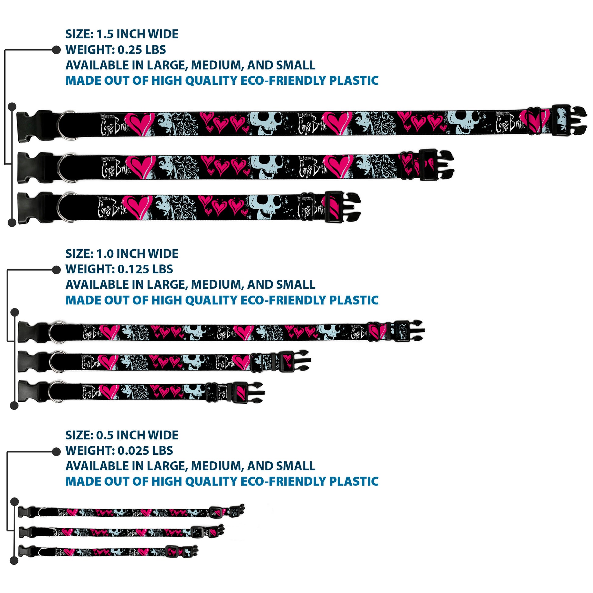 Plastic Clip Collar - CORPSE BRIDE Emily Hearts and Skull Black/Gray/Pink Plastic Clip Collars Corpse Bride