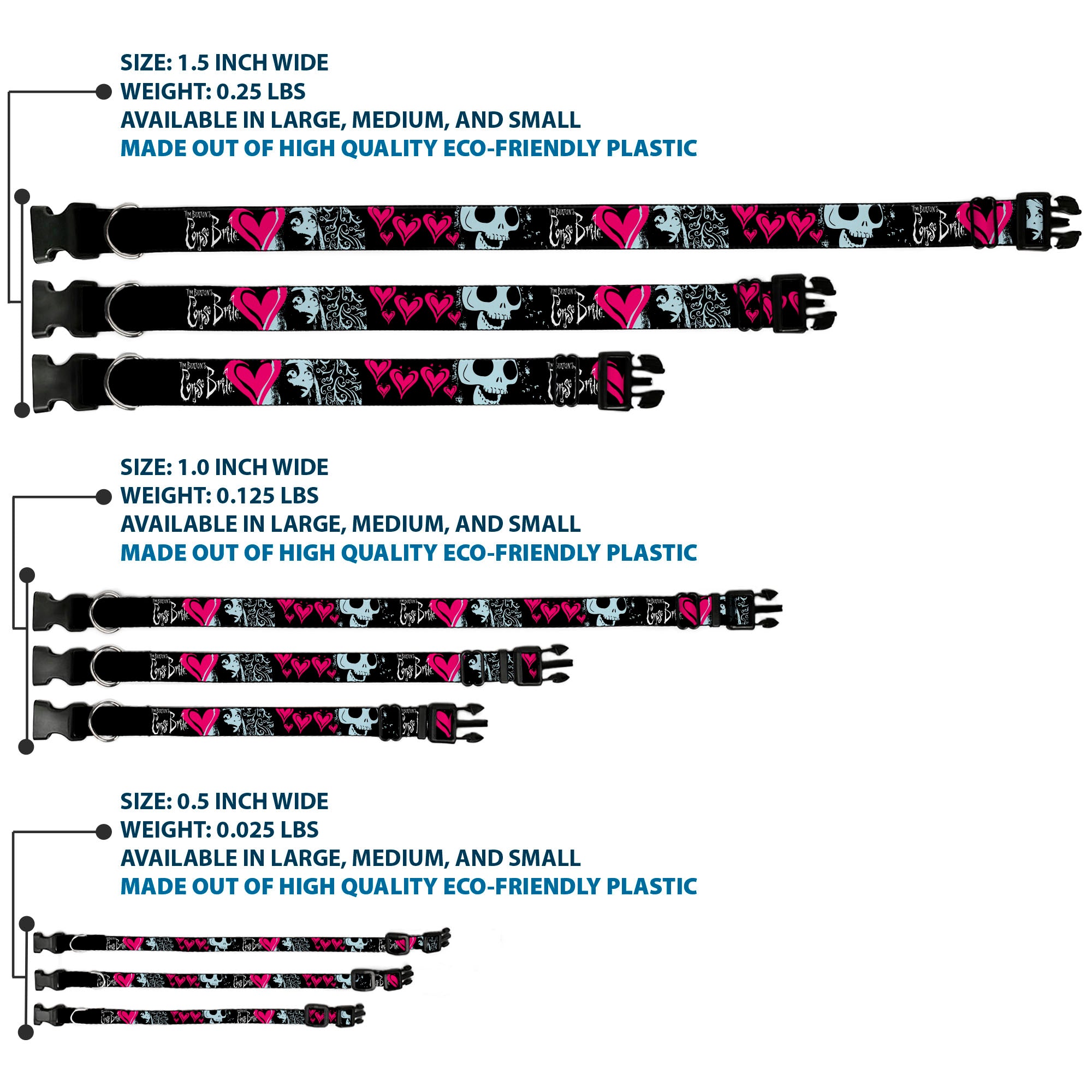 Plastic Clip Collar - CORPSE BRIDE Emily Hearts and Skull Black/Gray/Pink Plastic Clip Collars Corpse Bride
