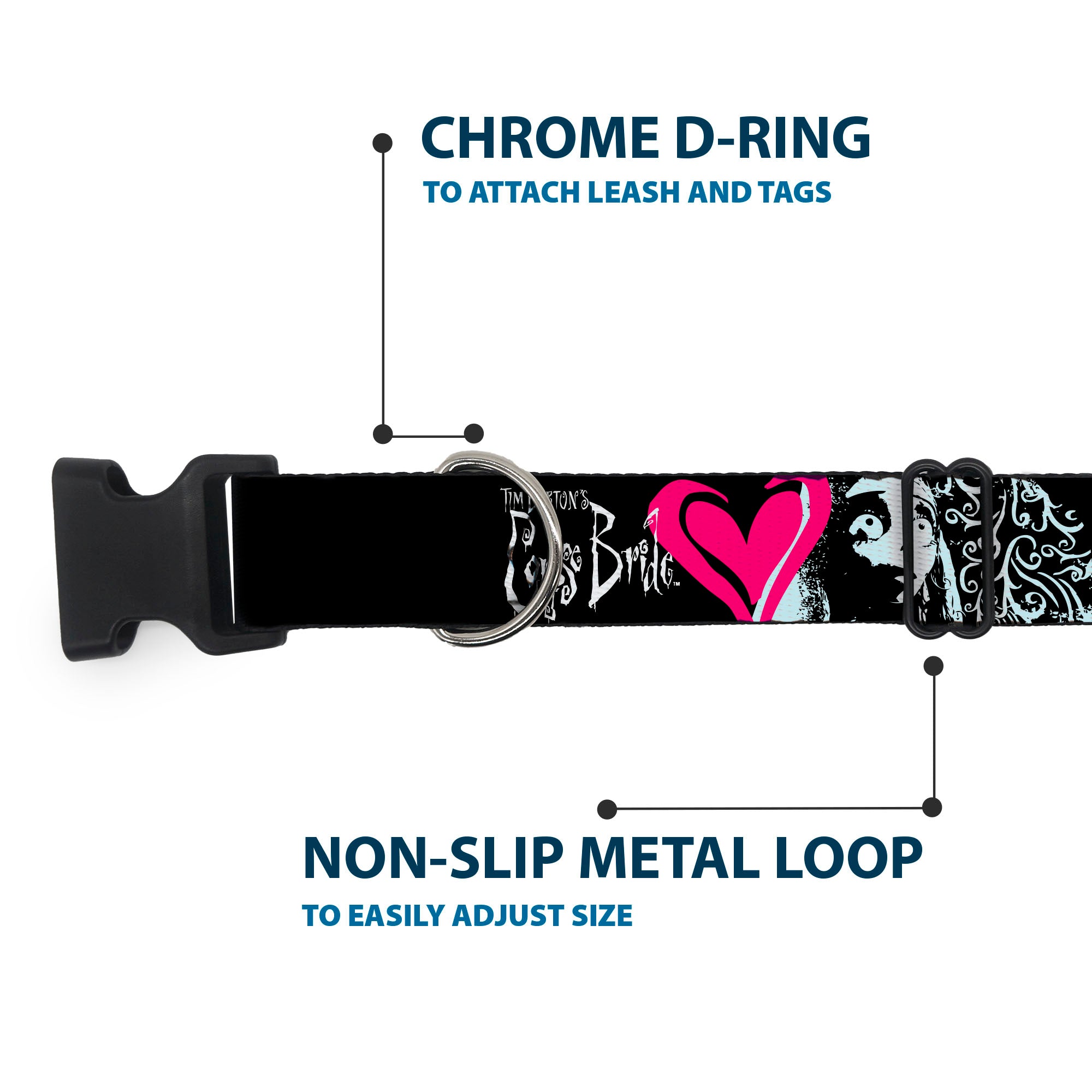 Plastic Clip Collar - CORPSE BRIDE Emily Hearts and Skull Black/Gray/Pink Plastic Clip Collars Corpse Bride