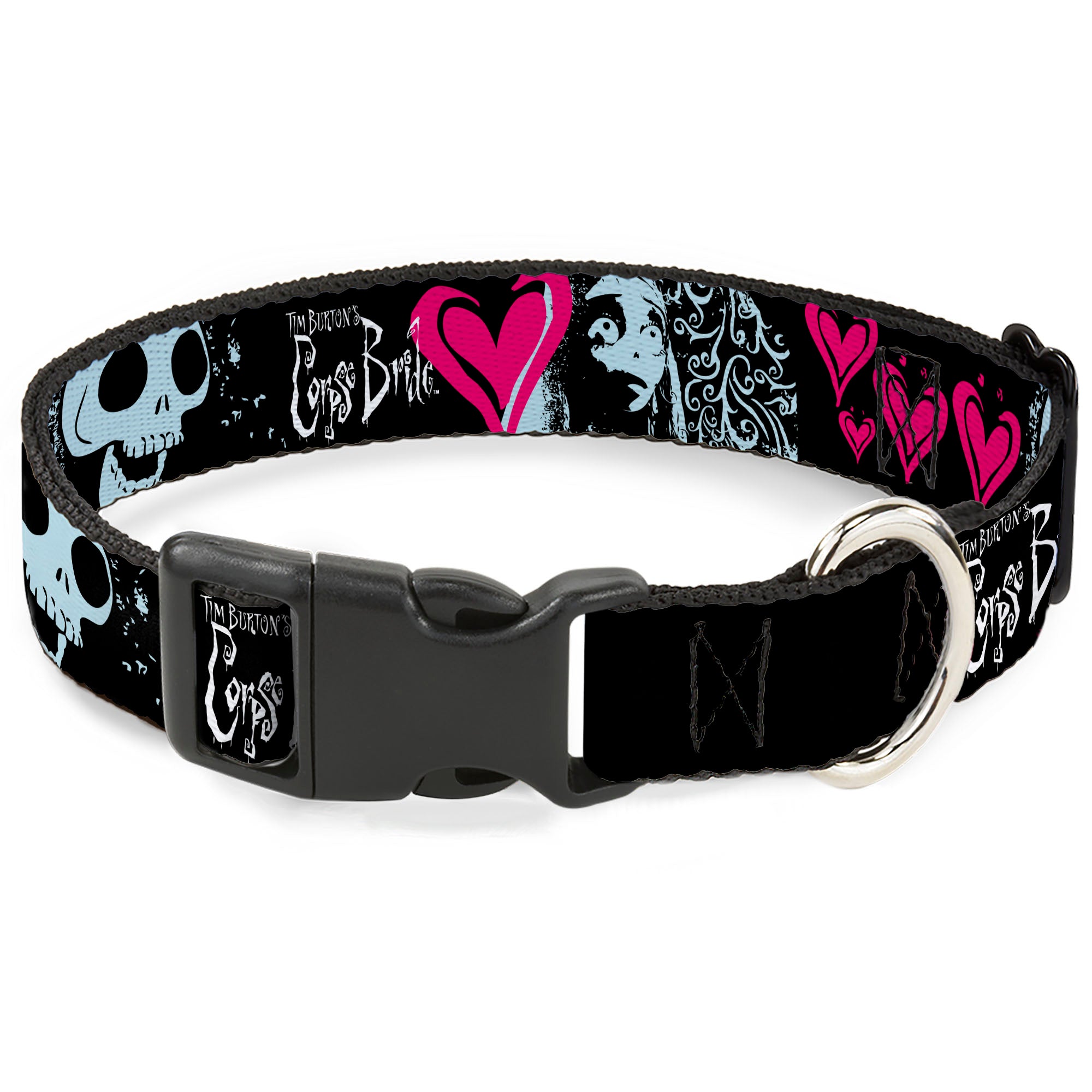 Plastic Clip Collar - CORPSE BRIDE Emily Hearts and Skull Black/Gray/Pink Plastic Clip Collars Corpse Bride