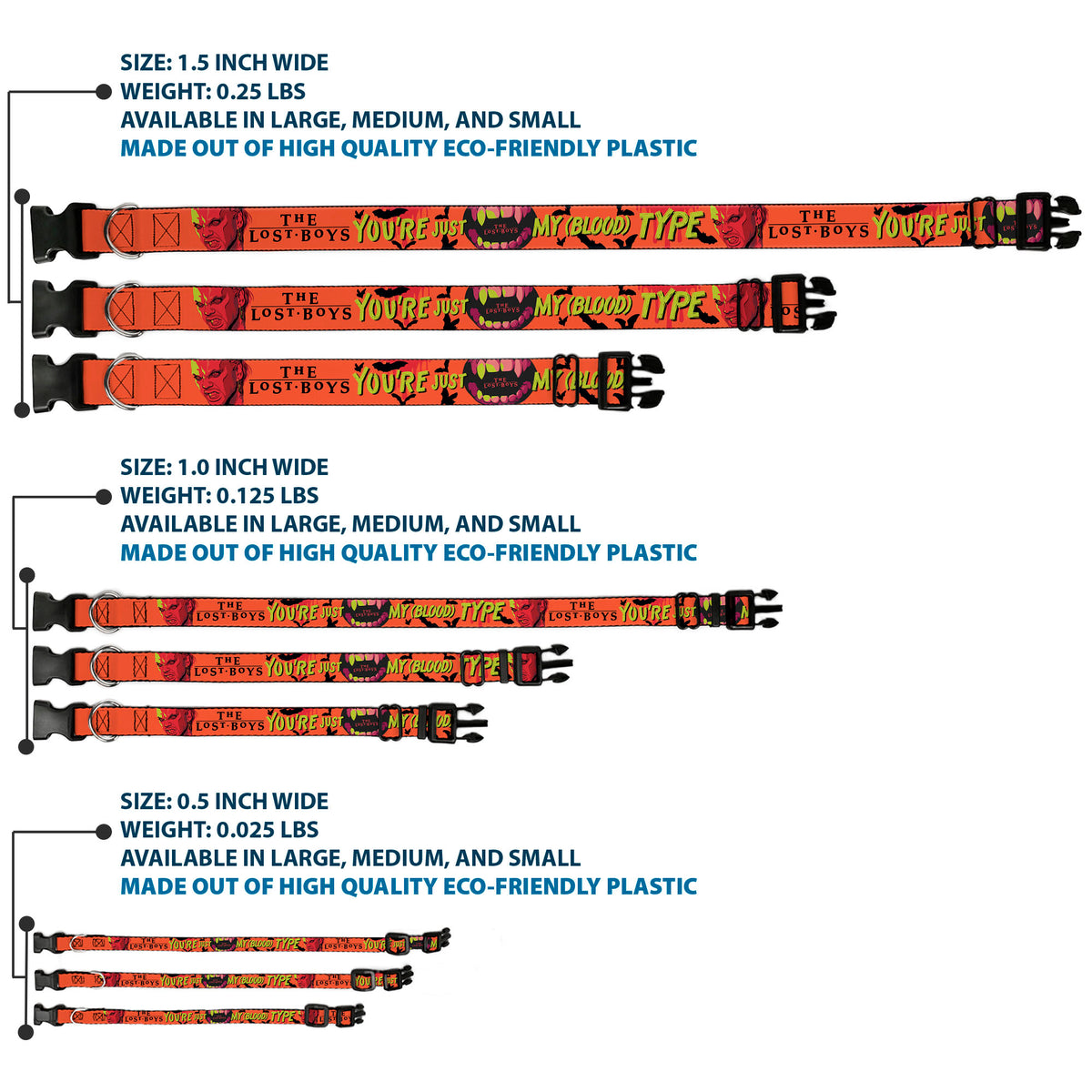 Plastic Clip Collar - The Lost Boys YOU'RE JUST MY BLOOD TYPE David Pose Orange/Black Dog Collars Plastic Clip Side Release The Lost Boys