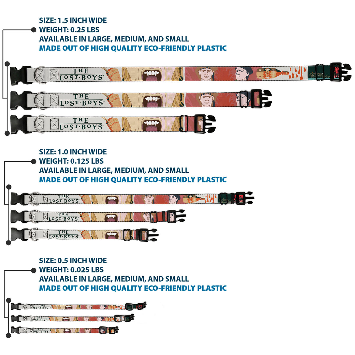 Plastic Clip Collar - THE LOST BOYS Edgar and Alan Pop Art Icons Collage White Dog Collars Plastic Clip Side Release The Lost Boys