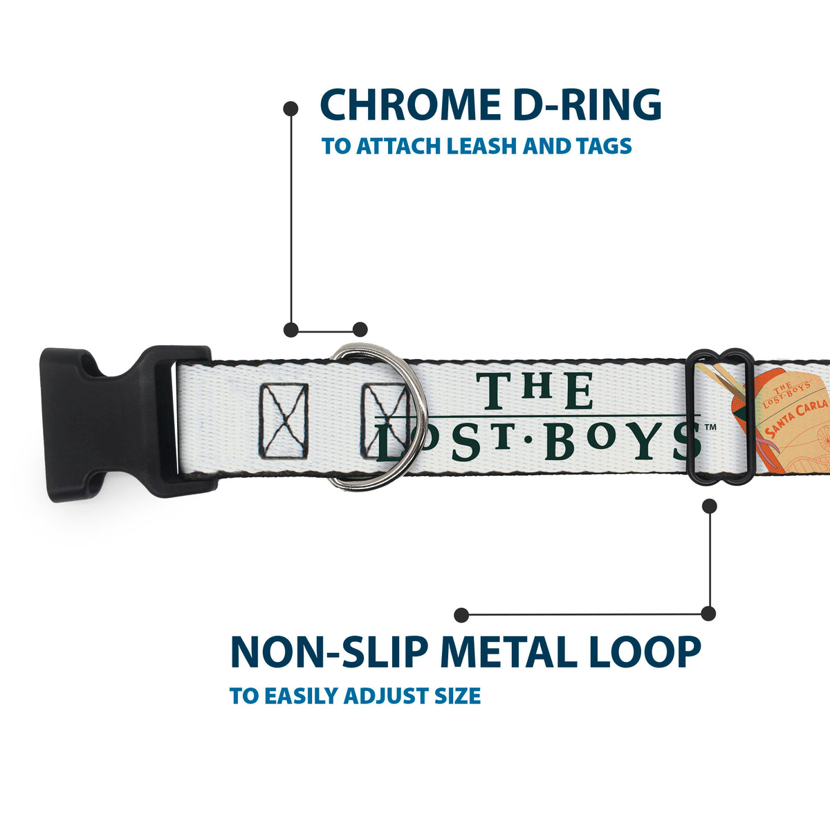 Plastic Clip Collar - THE LOST BOYS Edgar and Alan Pop Art Icons Collage White Dog Collars Plastic Clip Side Release The Lost Boys