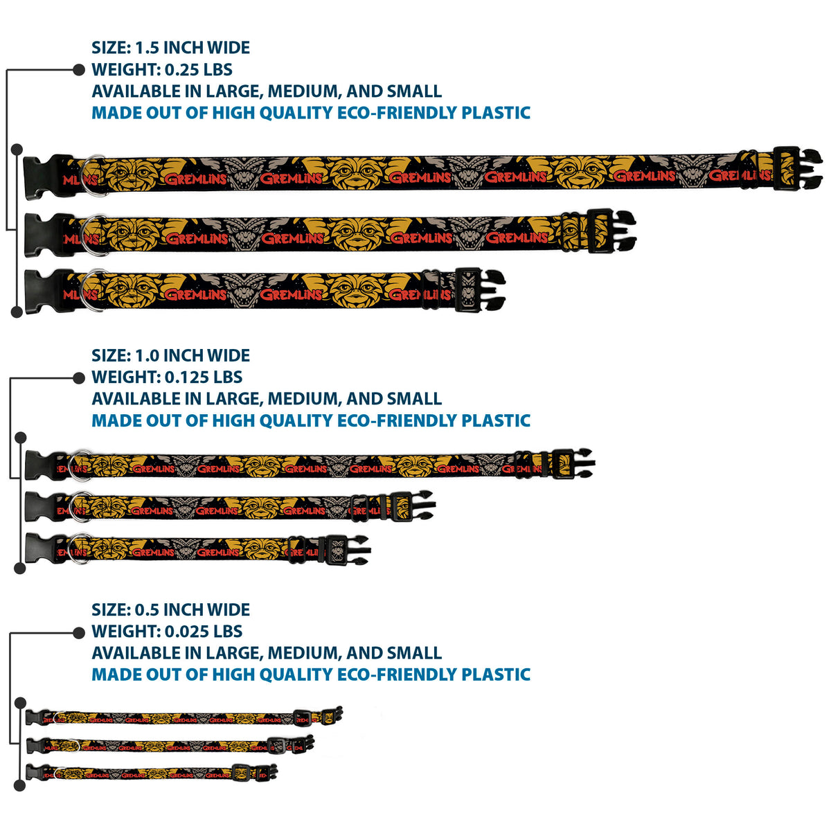Plastic Clip Collar - GREMLINS Gizmo and Stripe Faces Black/Red/Orange/Gray Dog Collars Plastic Clip Side Release Gremlins