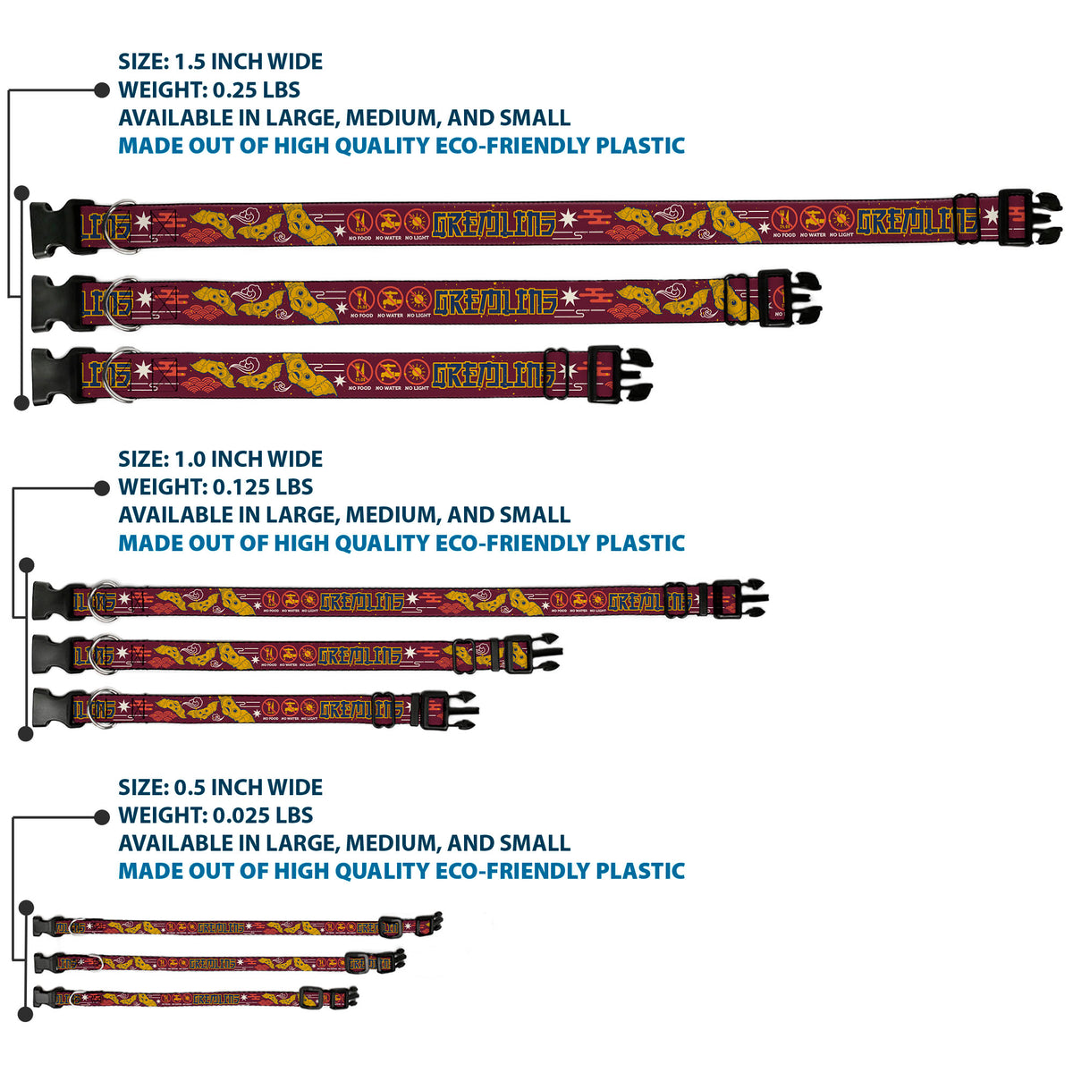 Plastic Clip Collar - GREMLINS Care Rules Anime Style Collage Burgundy/Multi Color Dog Collars Plastic Clip Side Release Gremlins