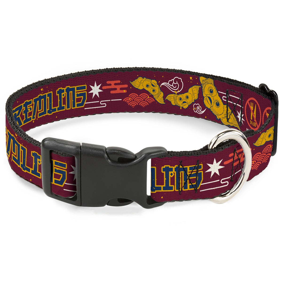 Plastic Clip Collar - GREMLINS Care Rules Anime Style Collage Burgundy/Multi Color Dog Collars Plastic Clip Side Release Gremlins