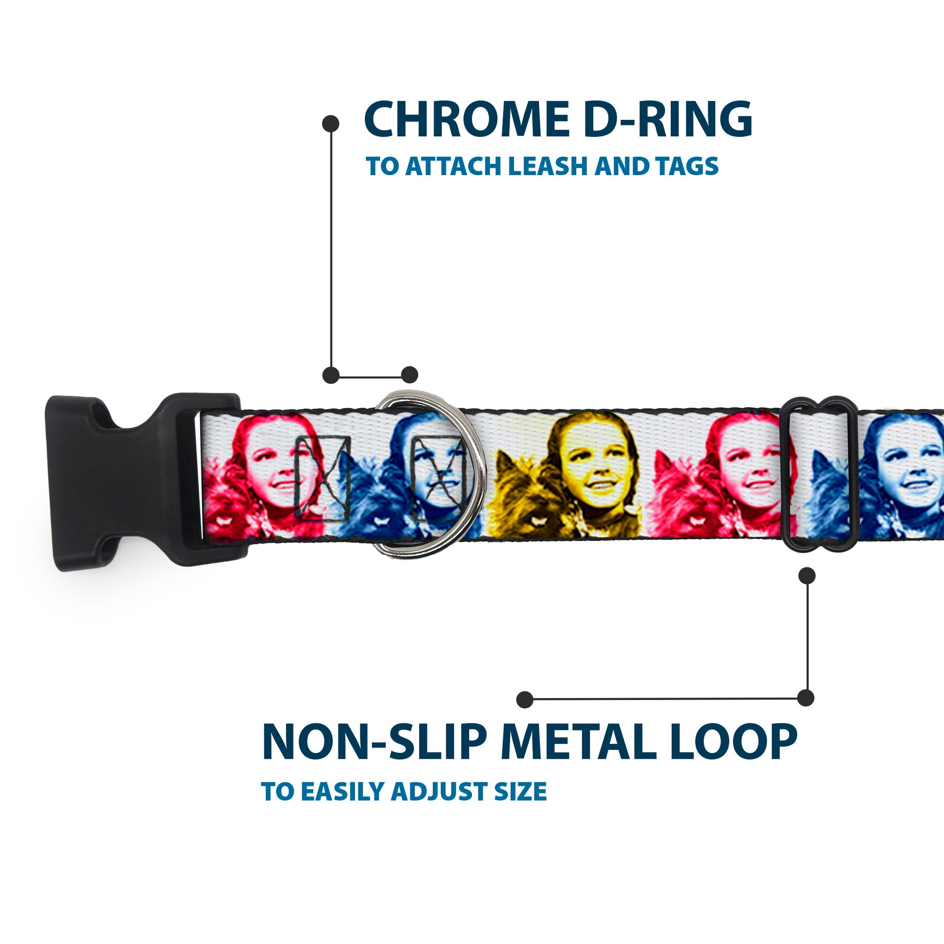 Plastic Clip Collar - The Wizard of Oz Dorothy and Toto Pose Blocks Blues/Yellows/Reds Plastic Clip Collars The Wizard of Oz