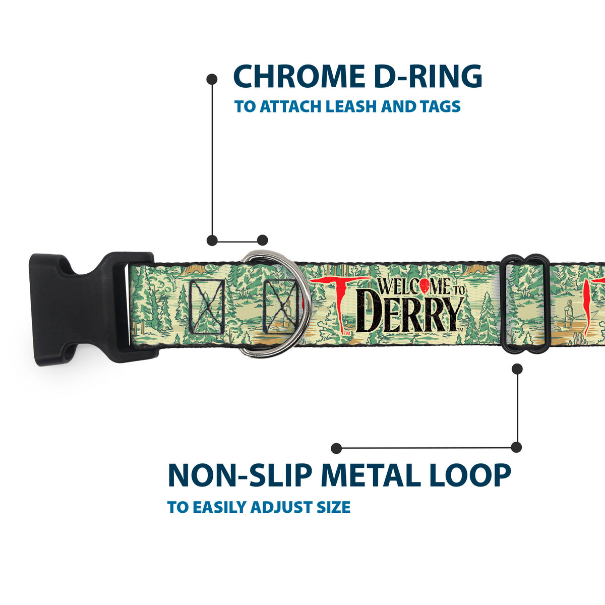 Plastic Clip Collar - IT WELCOME TO DERRY Forest Scenery and Title Logo Beige/Greens Dog Collars Plastic Clip Side Release IT