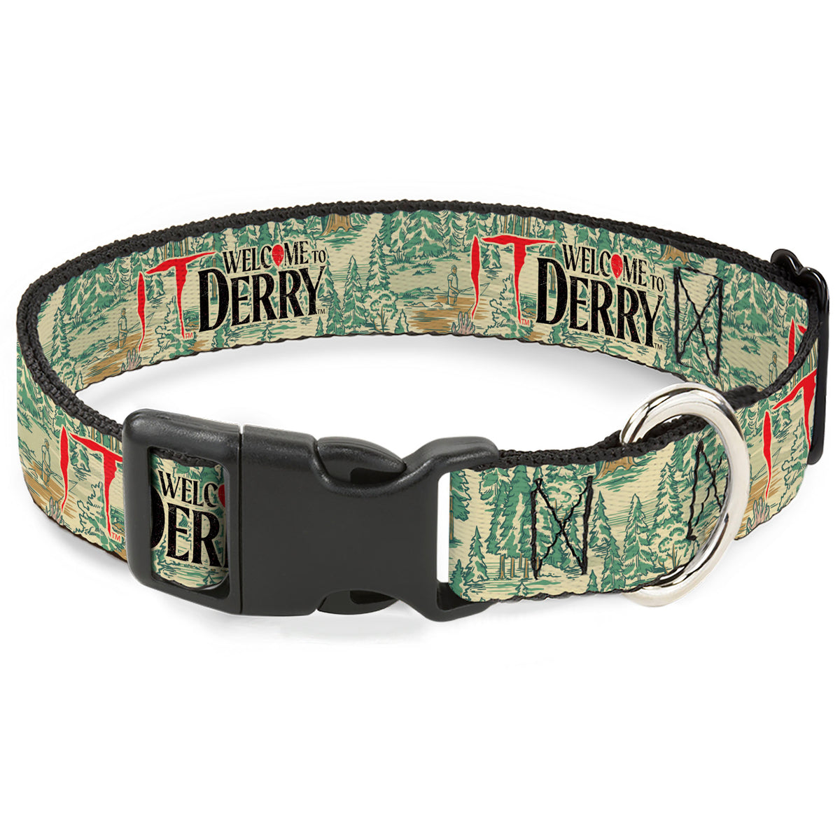 Plastic Clip Collar - IT WELCOME TO DERRY Forest Scenery and Title Logo Beige/Greens Dog Collars Plastic Clip Side Release IT