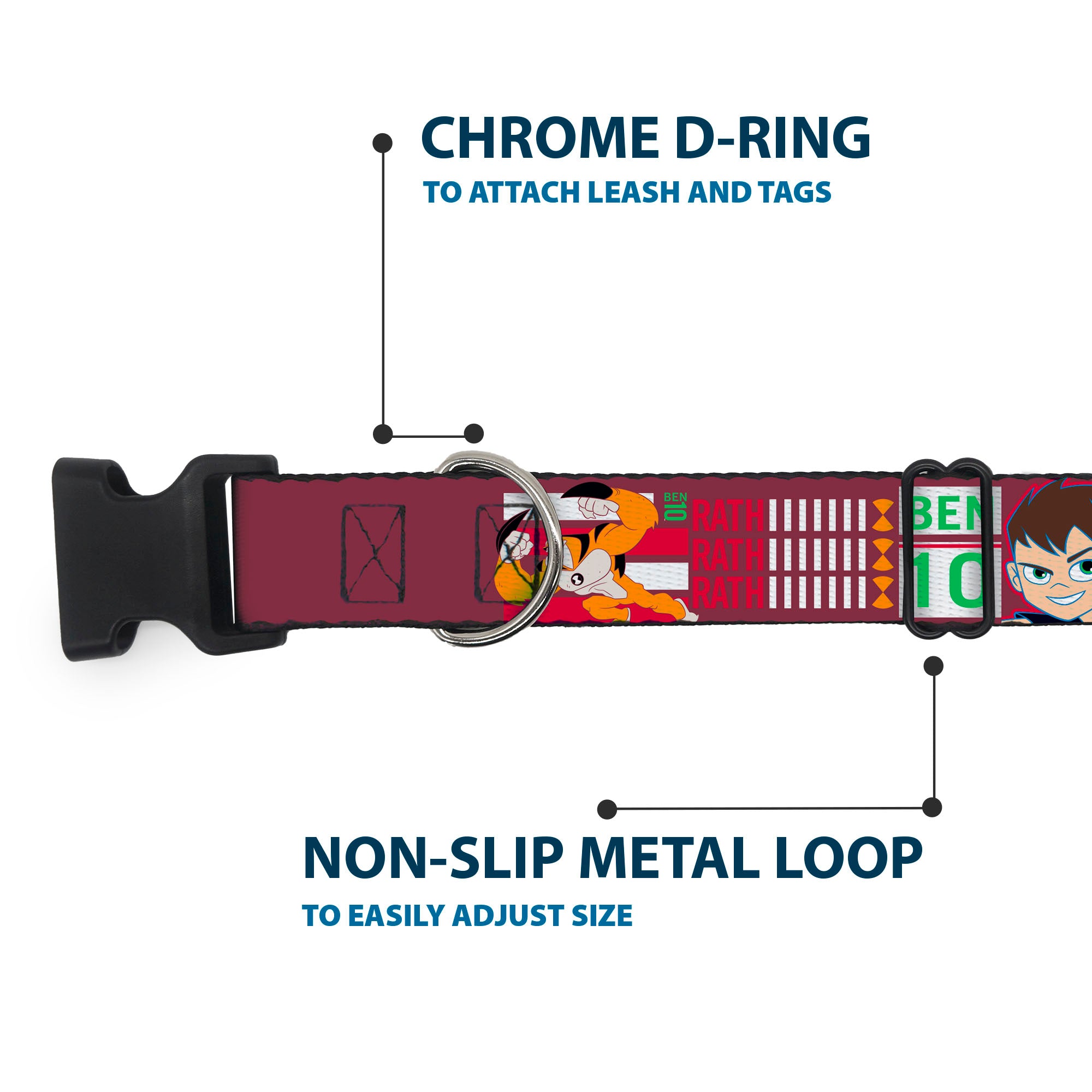 Plastic Clip Collar - BEN 10 and RATH Text and Poses Reds/White Plastic Clip Collars Ben 10