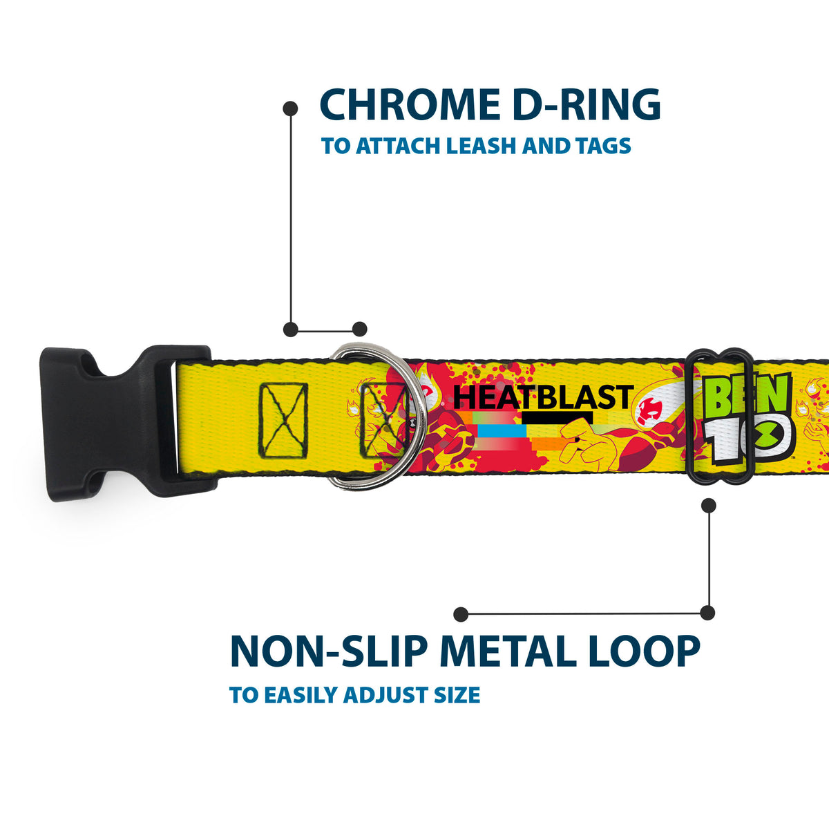Plastic Clip Collar - BEN 10 HEATBLAST Poses and Text Yellow/Reds Plastic Clip Collars Ben 10