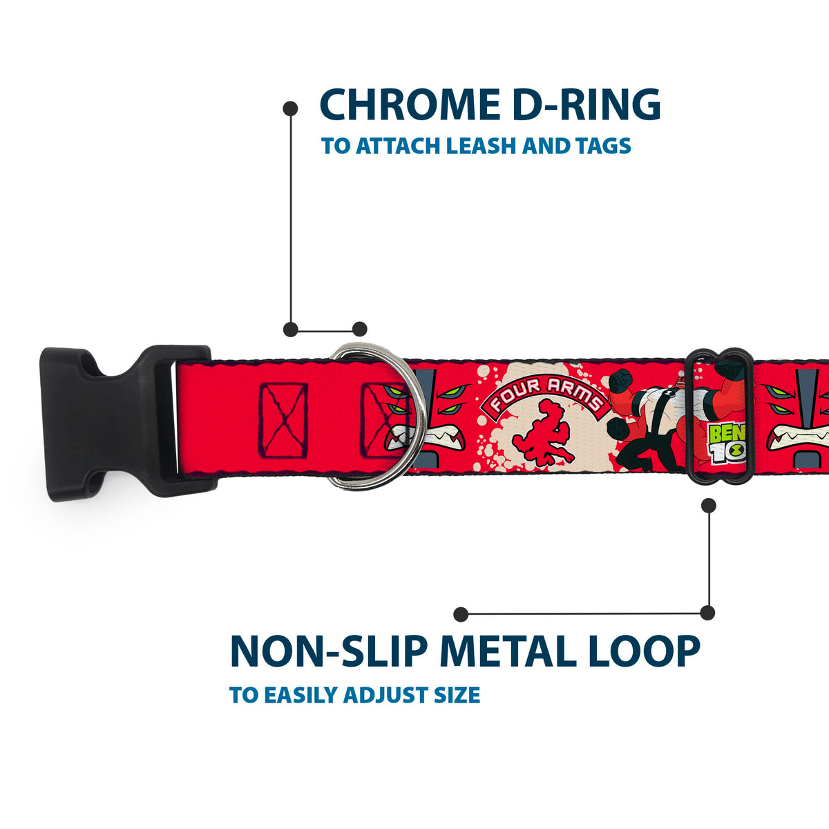 Plastic Clip Collar - BEN 10 FOUR ARMS Poses and Text Red/Grays Plastic Clip Collars Ben 10