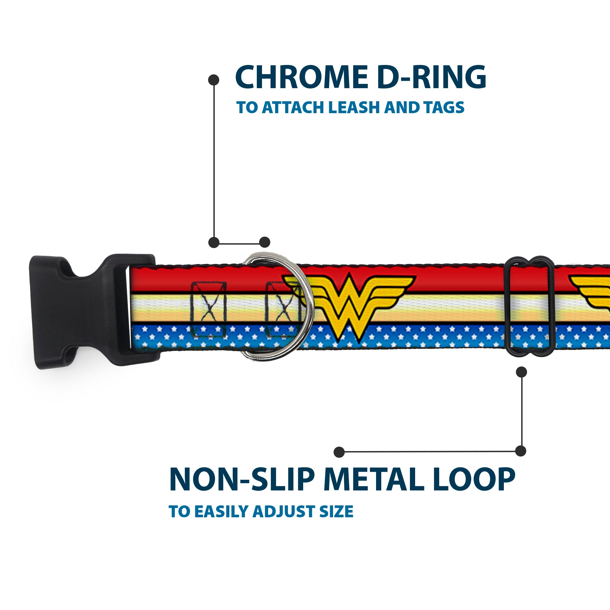 Plastic Clip Collar - Wonder Woman Logo Stripe/Stars Red/Gold/Blue/White Plastic Clip Collars DC Comics