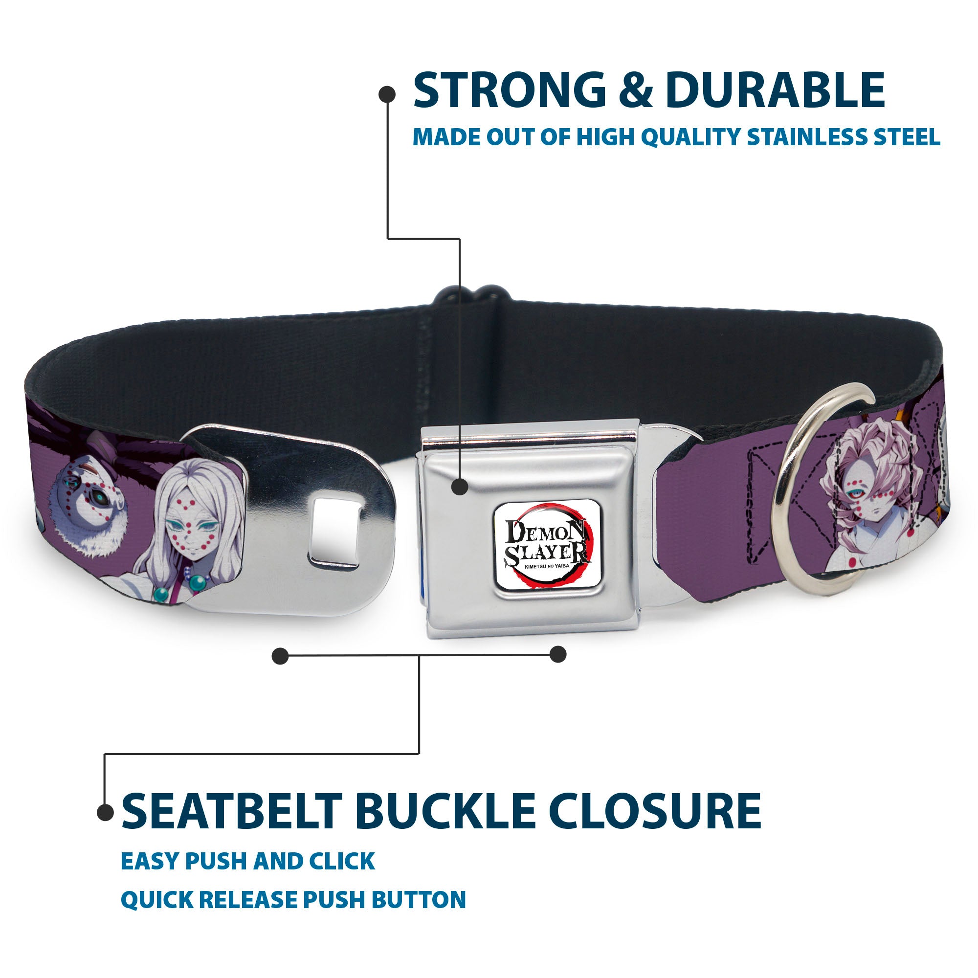 DEMON SLAYER Title Logo Full Color White Seatbelt Buckle Collar - Demon Slayer The Spider Family Poses Purple Seatbelt Buckle Collars Demon Slayer