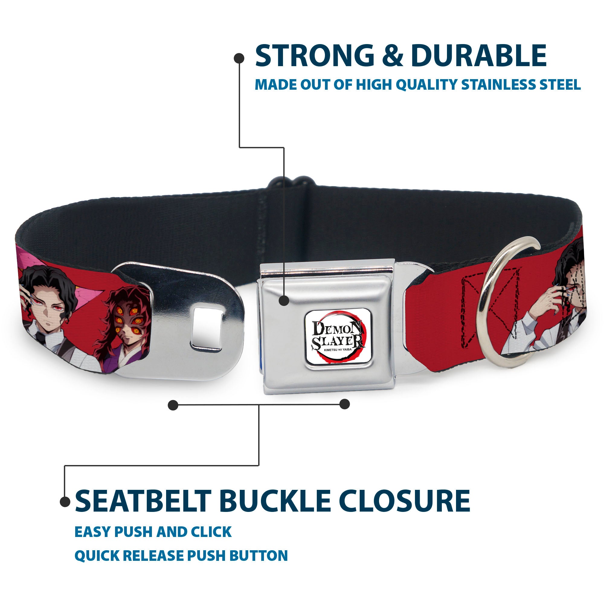 DEMON SLAYER Title Logo Full Color White Seatbelt Buckle Collar - Demon Slayer Eight Demons Poses Red Seatbelt Buckle Collars Demon Slayer