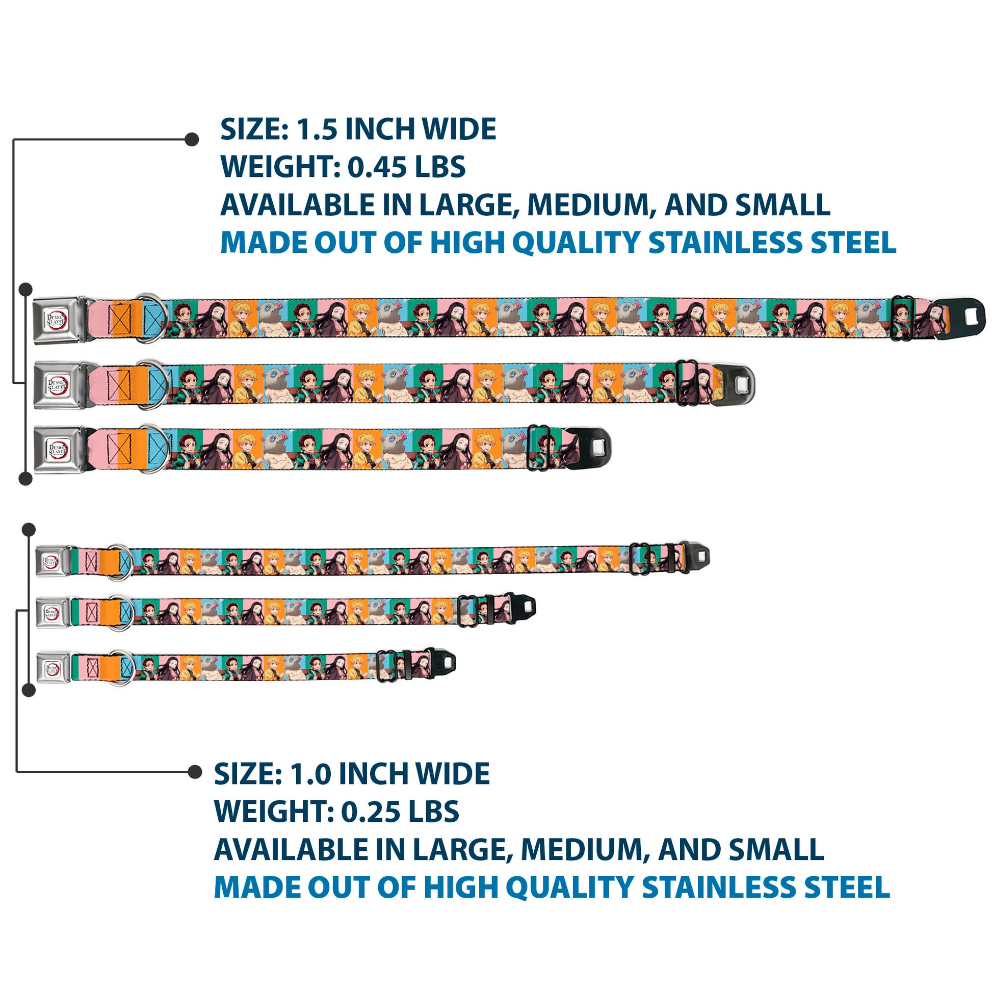 DEMON SLAYER Title Logo Full Color White Seatbelt Buckle Collar - Demon Slayer Four Character Group Pose Blocks Multi Color Seatbelt Buckle Collars Demon Slayer