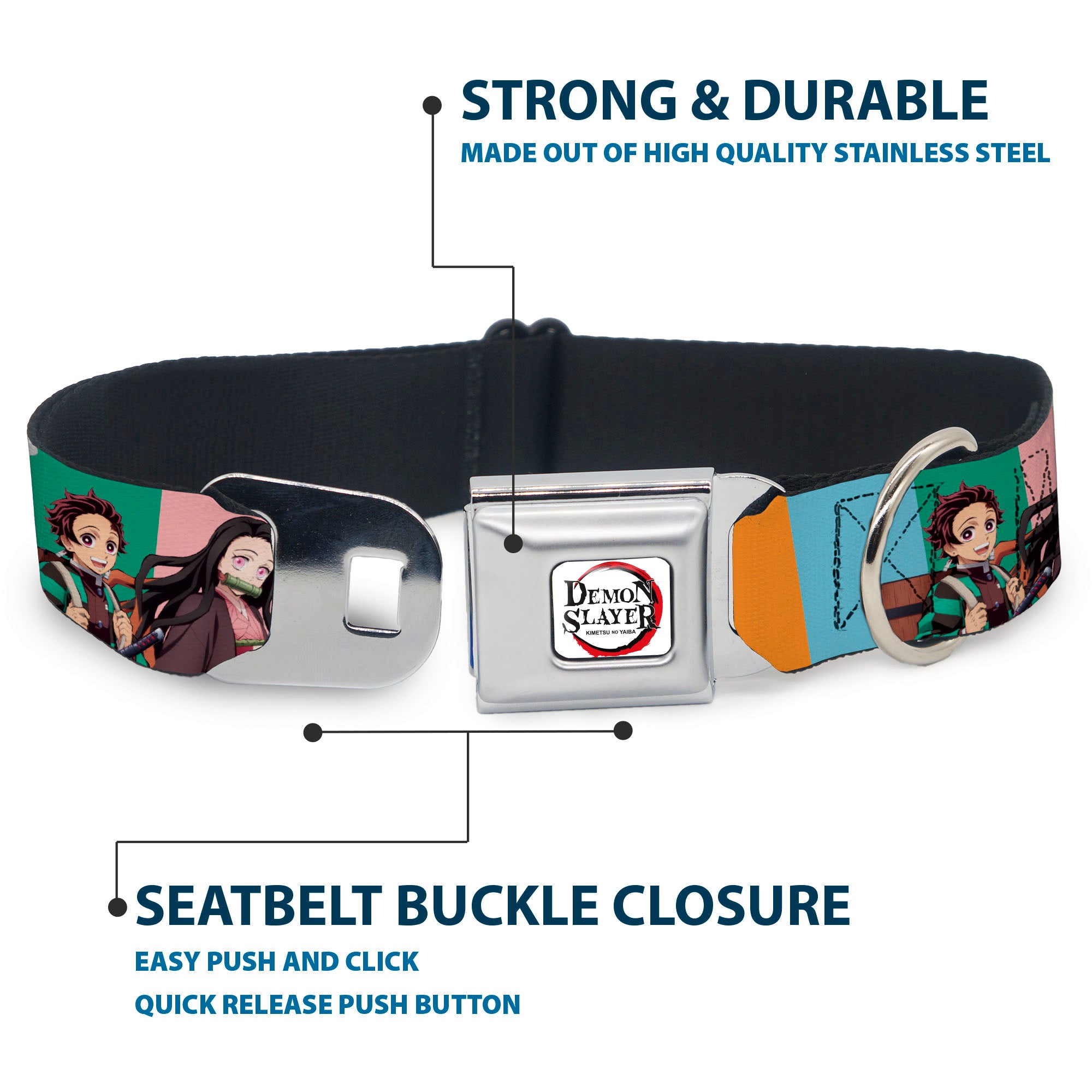 DEMON SLAYER Title Logo Full Color White Seatbelt Buckle Collar - Demon Slayer Four Character Group Pose Blocks Multi Color Seatbelt Buckle Collars Demon Slayer