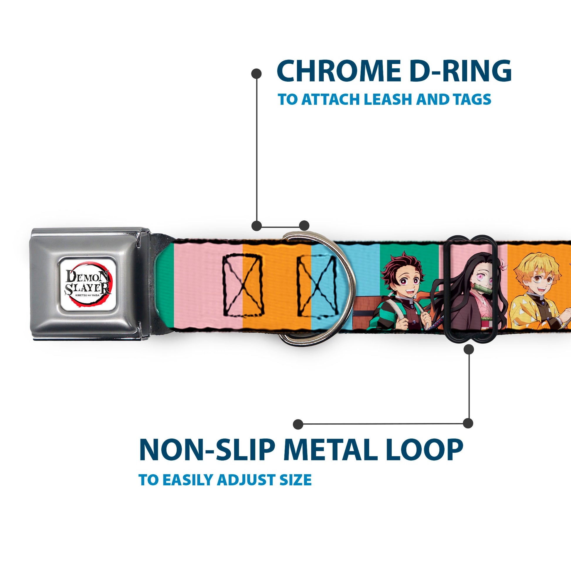 DEMON SLAYER Title Logo Full Color White Seatbelt Buckle Collar - Demon Slayer Four Character Group Pose Blocks Multi Color Seatbelt Buckle Collars Demon Slayer