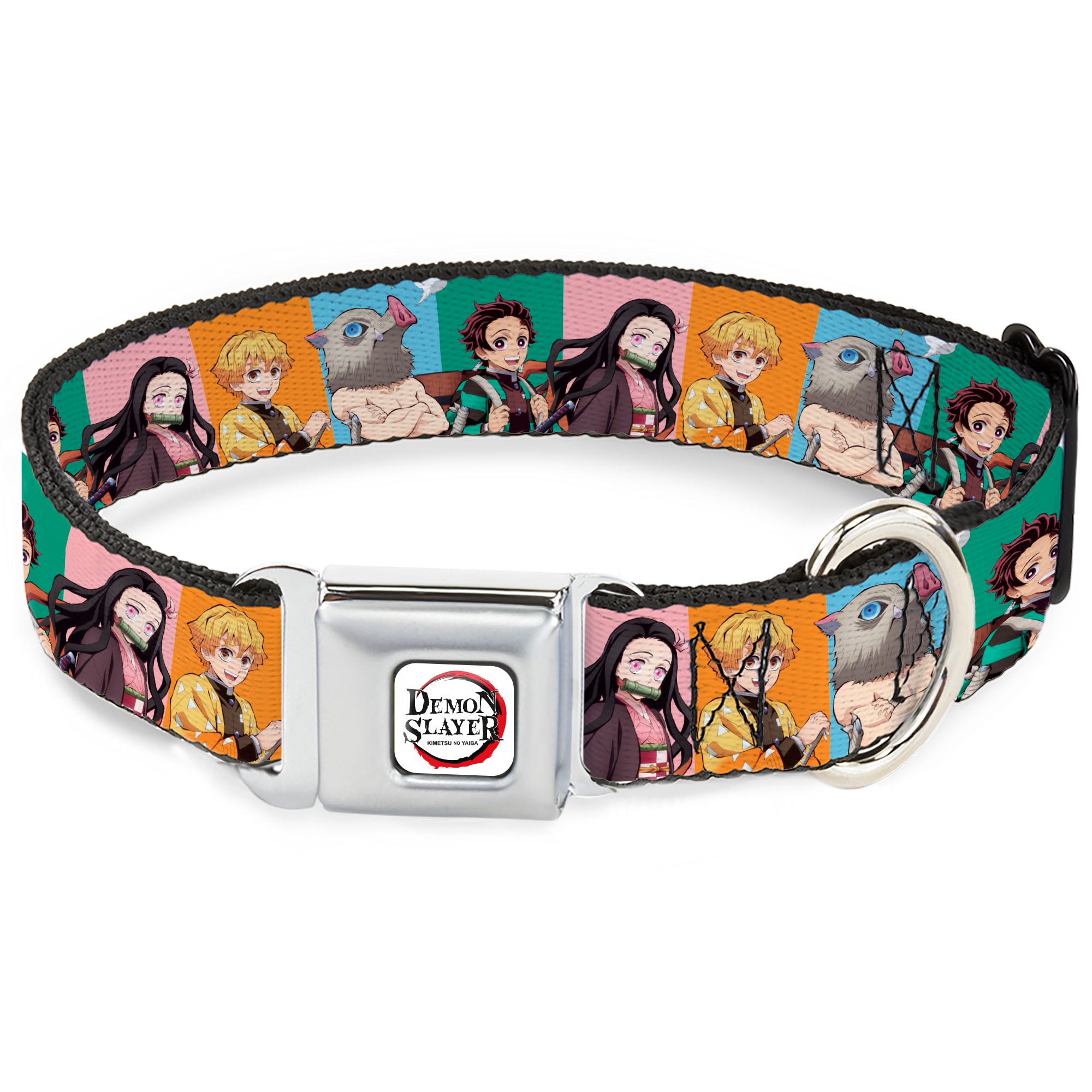 DEMON SLAYER Title Logo Full Color White Seatbelt Buckle Collar - Demon Slayer Four Character Group Pose Blocks Multi Color Seatbelt Buckle Collars Demon Slayer