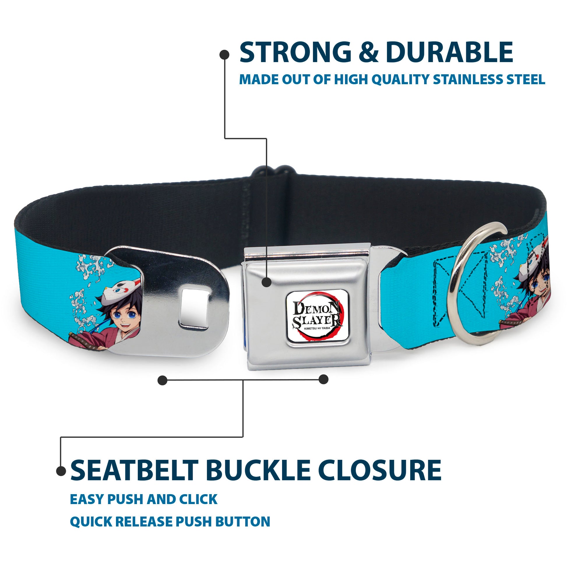 DEMON SLAYER Title Logo Full Color White Seatbelt Buckle Collar - Demon Slayer Giyu and Sabito Warding Mask Pose Blue Seatbelt Buckle Collars Demon Slayer