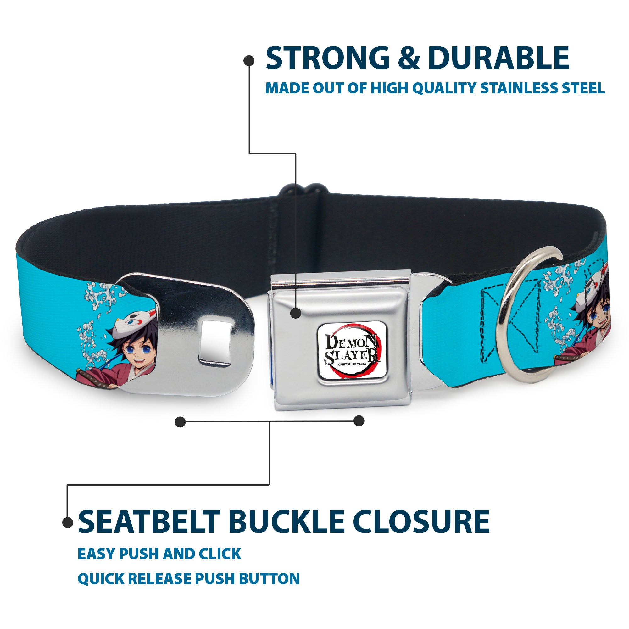 DEMON SLAYER Title Logo Full Color White Seatbelt Buckle Collar - Demon Slayer Giyu and Sabito Warding Mask Pose Blue Seatbelt Buckle Collars Demon Slayer