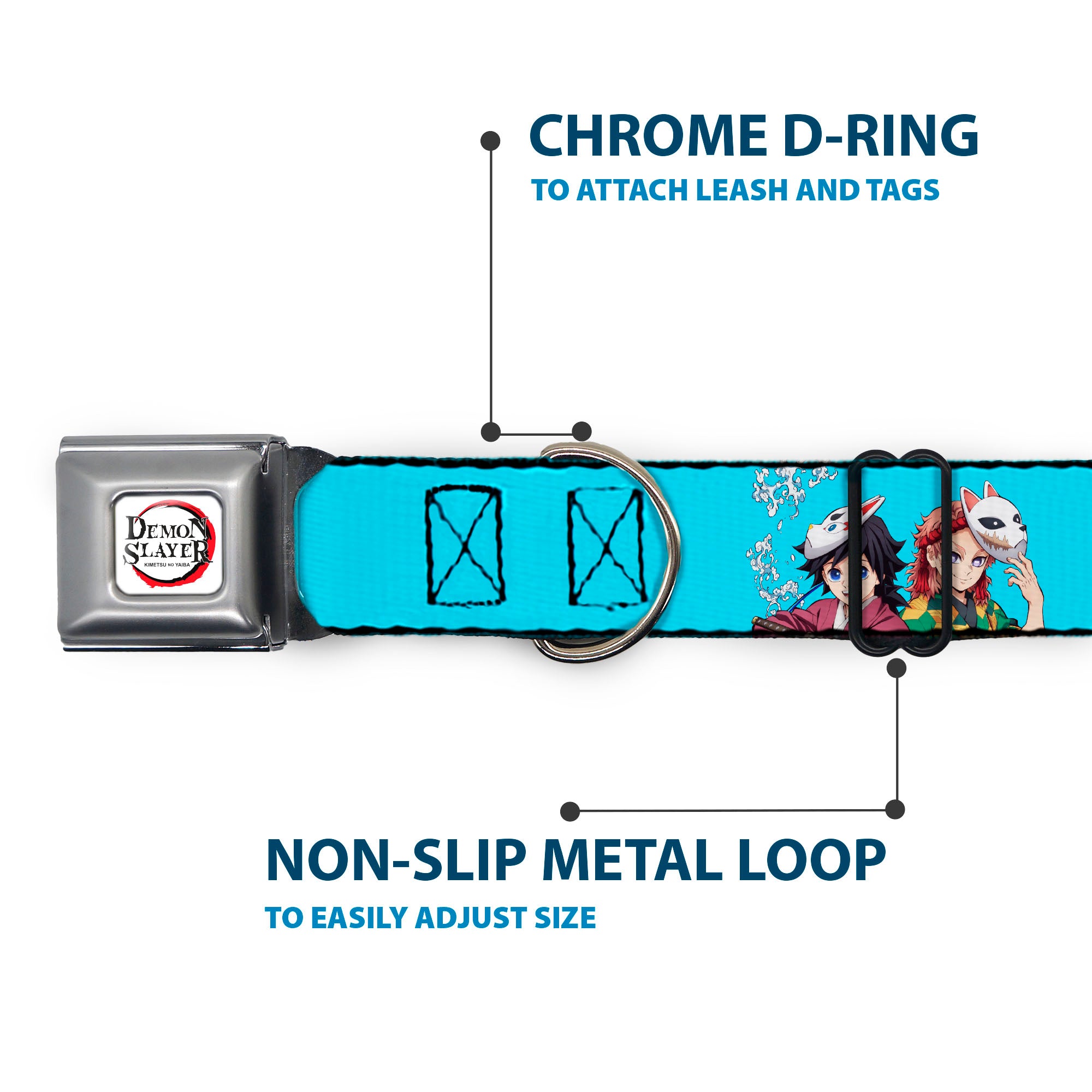 DEMON SLAYER Title Logo Full Color White Seatbelt Buckle Collar - Demon Slayer Giyu and Sabito Warding Mask Pose Blue Seatbelt Buckle Collars Demon Slayer