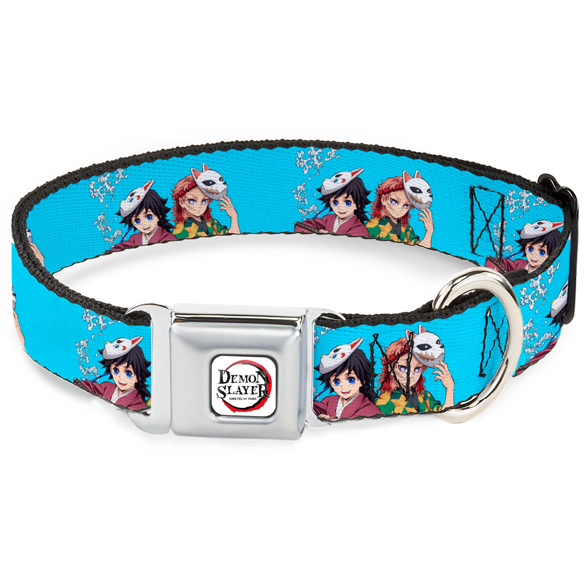 DEMON SLAYER Title Logo Full Color White Seatbelt Buckle Collar - Demon Slayer Giyu and Sabito Warding Mask Pose Blue Seatbelt Buckle Collars Demon Slayer