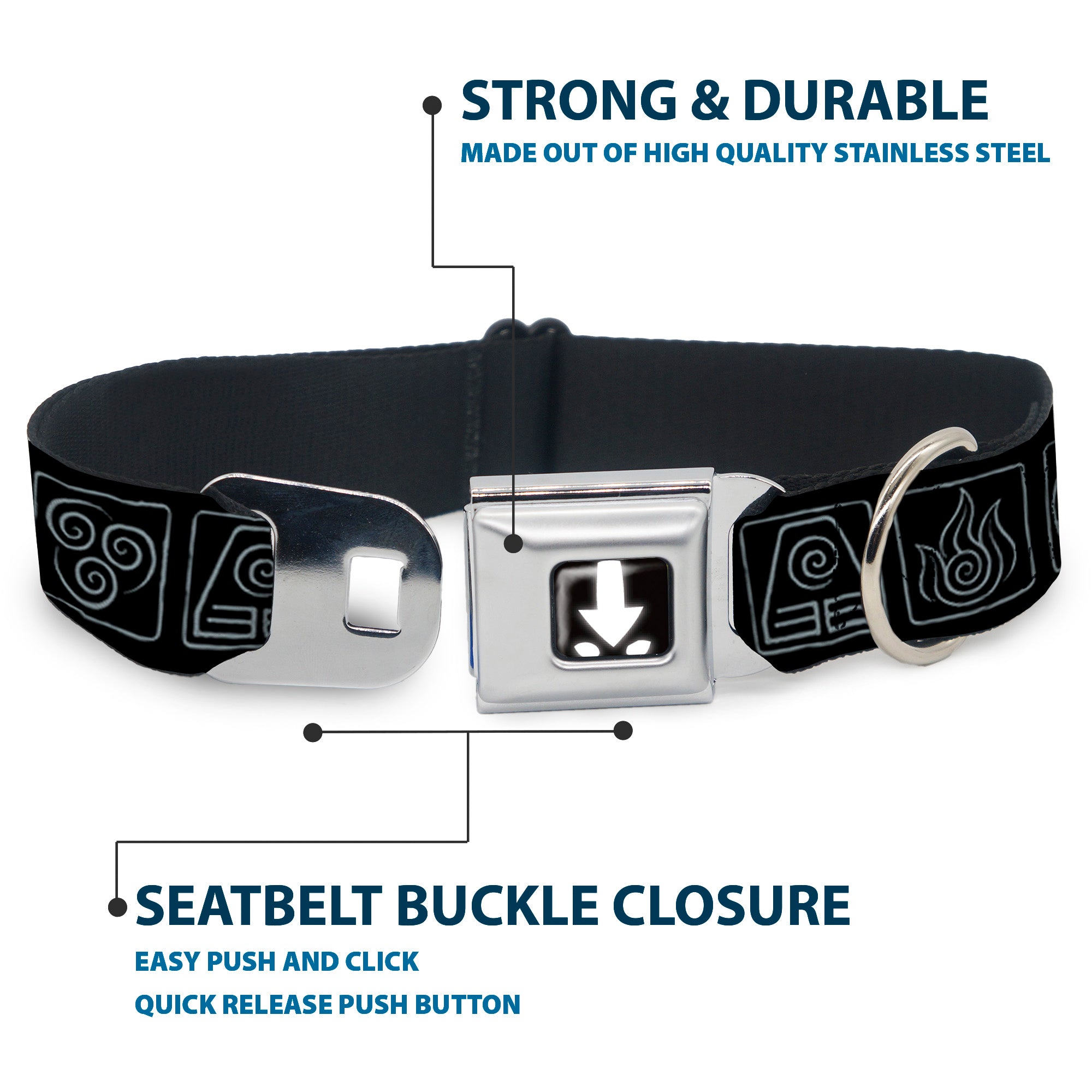 Avatar the Last Airbender Aang Glowing Arrow/Eyes Full Color Black/White Seatbelt Buckle Collar - Avatar the Last Airbender Bending Elements Icons Black/Gray Seatbelt Buckle Collars Avatar The Last Airbender