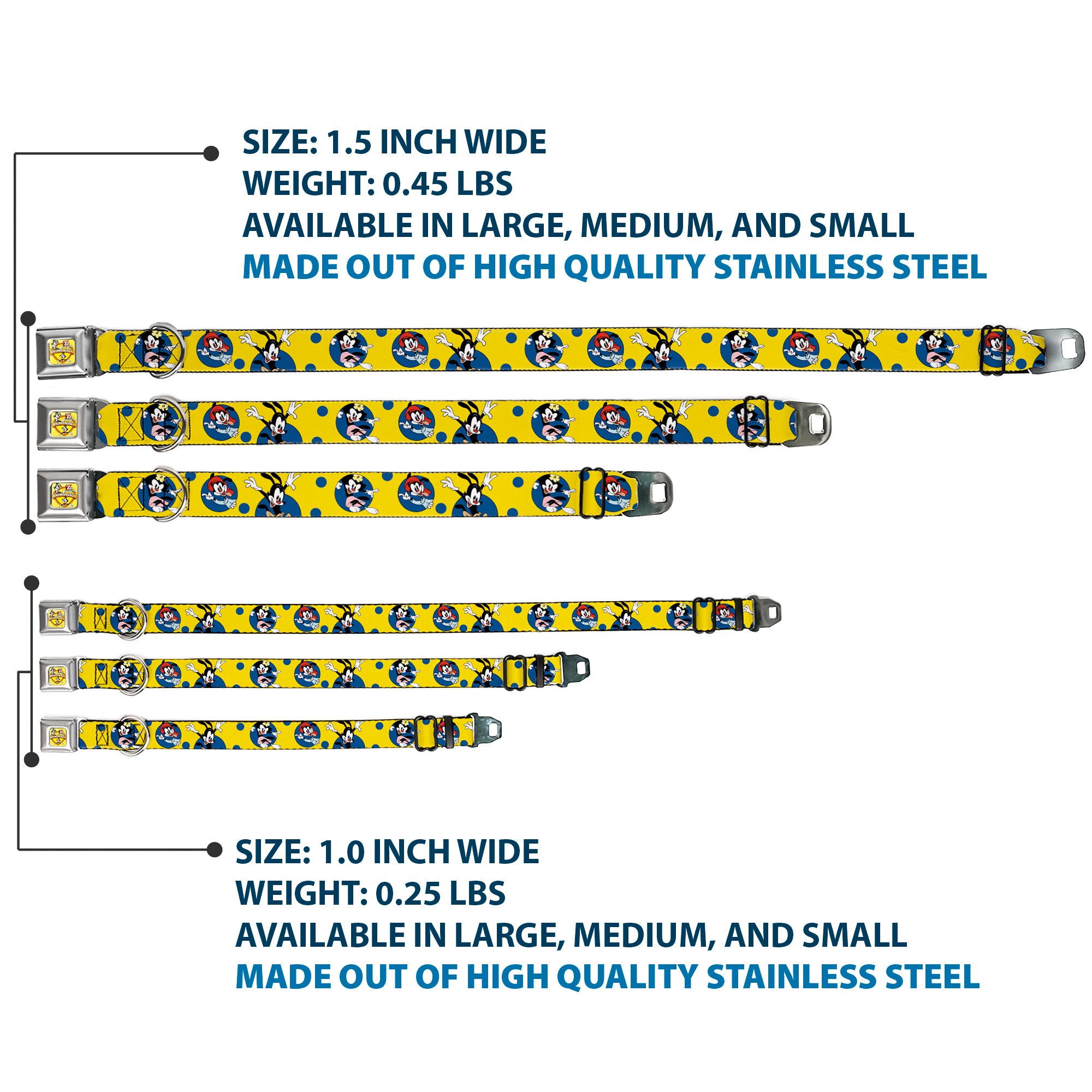 ANIMANIACS Title Logo Full Color Yellow Seatbelt Buckle Collar - Animaniacs Yakko Wakko and Dot Poses Yellow/Blue Seatbelt Buckle Collars Animaniacs