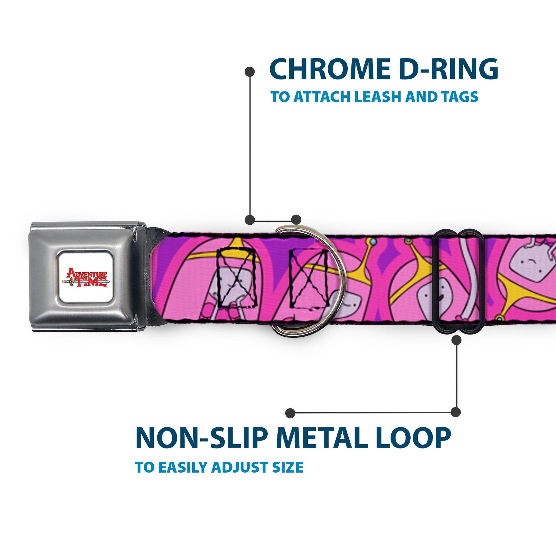 ADVENTURE TIME Title Logo Full Color White Seatbelt Buckle Collar - Adventure Time Princess Bubblegum Poses Collage Lavender Seatbelt Buckle Collars Adventure Time