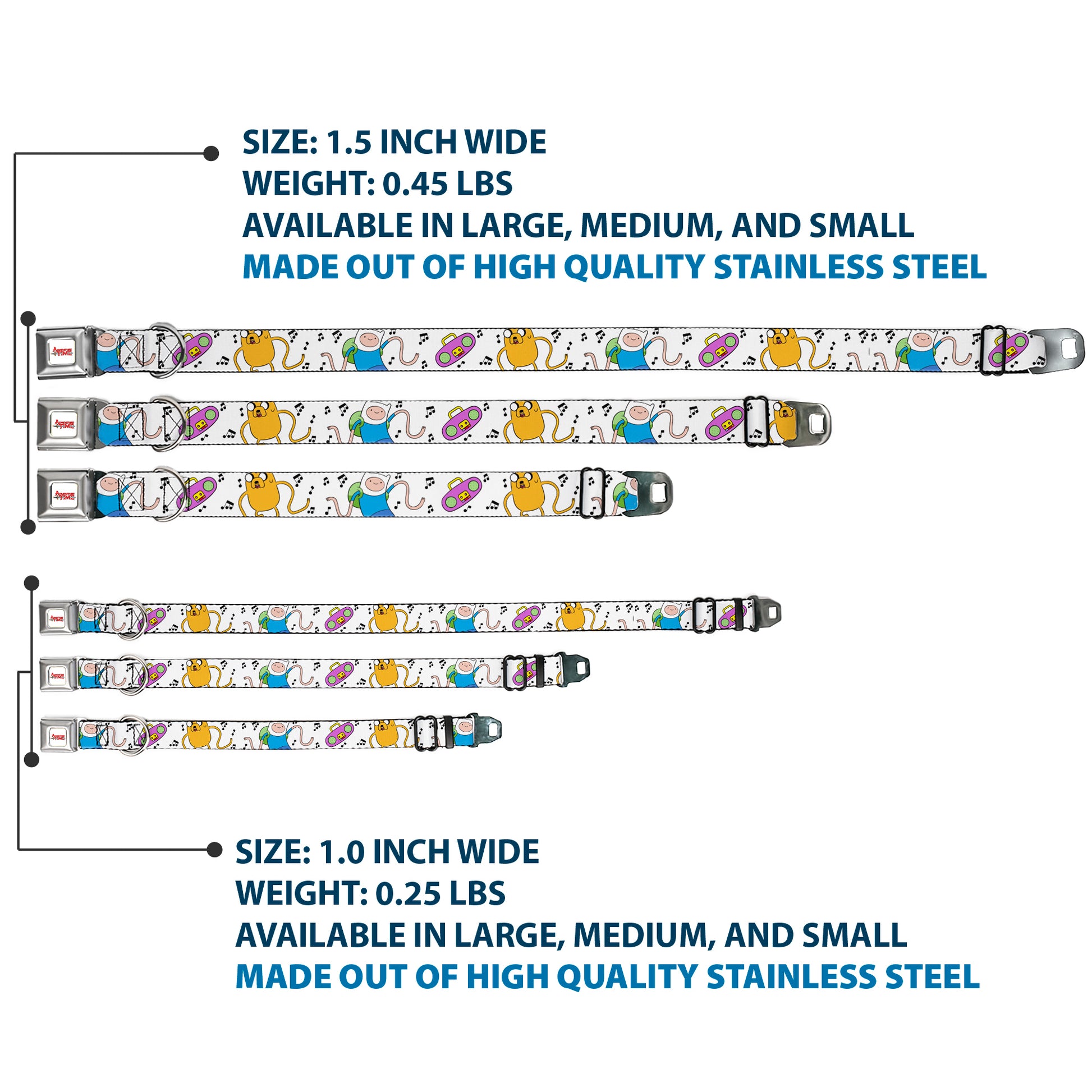 ADVENTURE TIME Title Logo Full Color White Seatbelt Buckle Collar - Adventure Time Finn and Jake Long Arms Dancing Pose White Seatbelt Buckle Collars Adventure Time